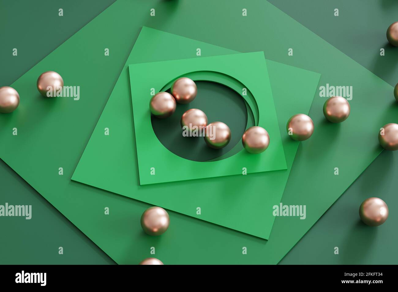 Abstrakter geometrischer grüner Hintergrund mit quadratischen Papierkarten und metallischen Kugeln. 3D-Rendering-Illustration. Stockfoto