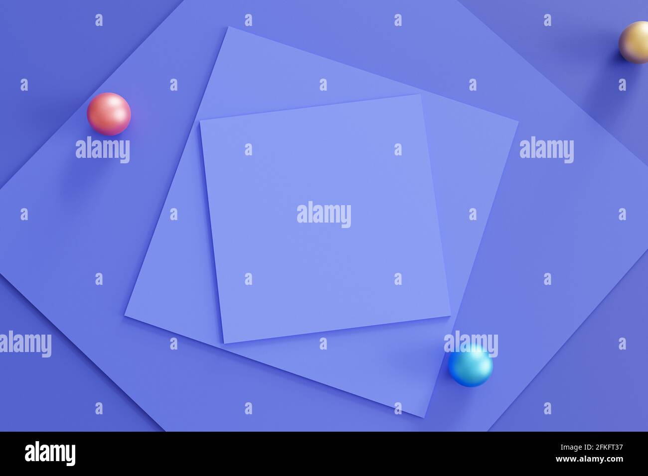 Abstrakter geometrischer blauer Hintergrund mit quadratischen Papierkarten und bunten Kugeln. 3D-Rendering-Illustration. Stockfoto