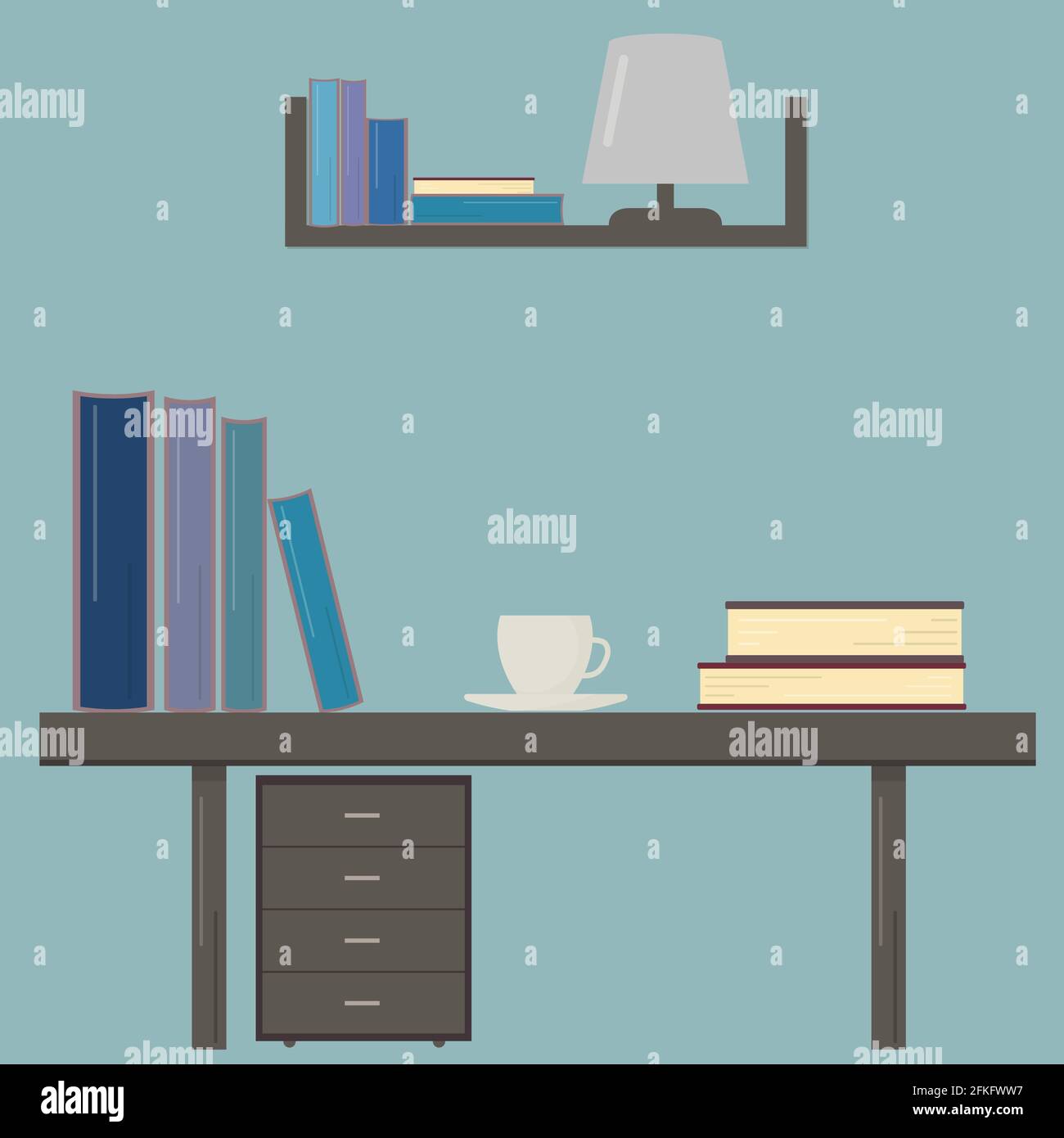 Schreibtisch mit Büchern und einer Tasse Kaffee. Arbeitsplatz des Studenten. Bildungskonzept. Einfach zu bearbeiten Vektor-Design-Vorlage für Ihre Kunstwerke, Websites, Socia Stock Vektor