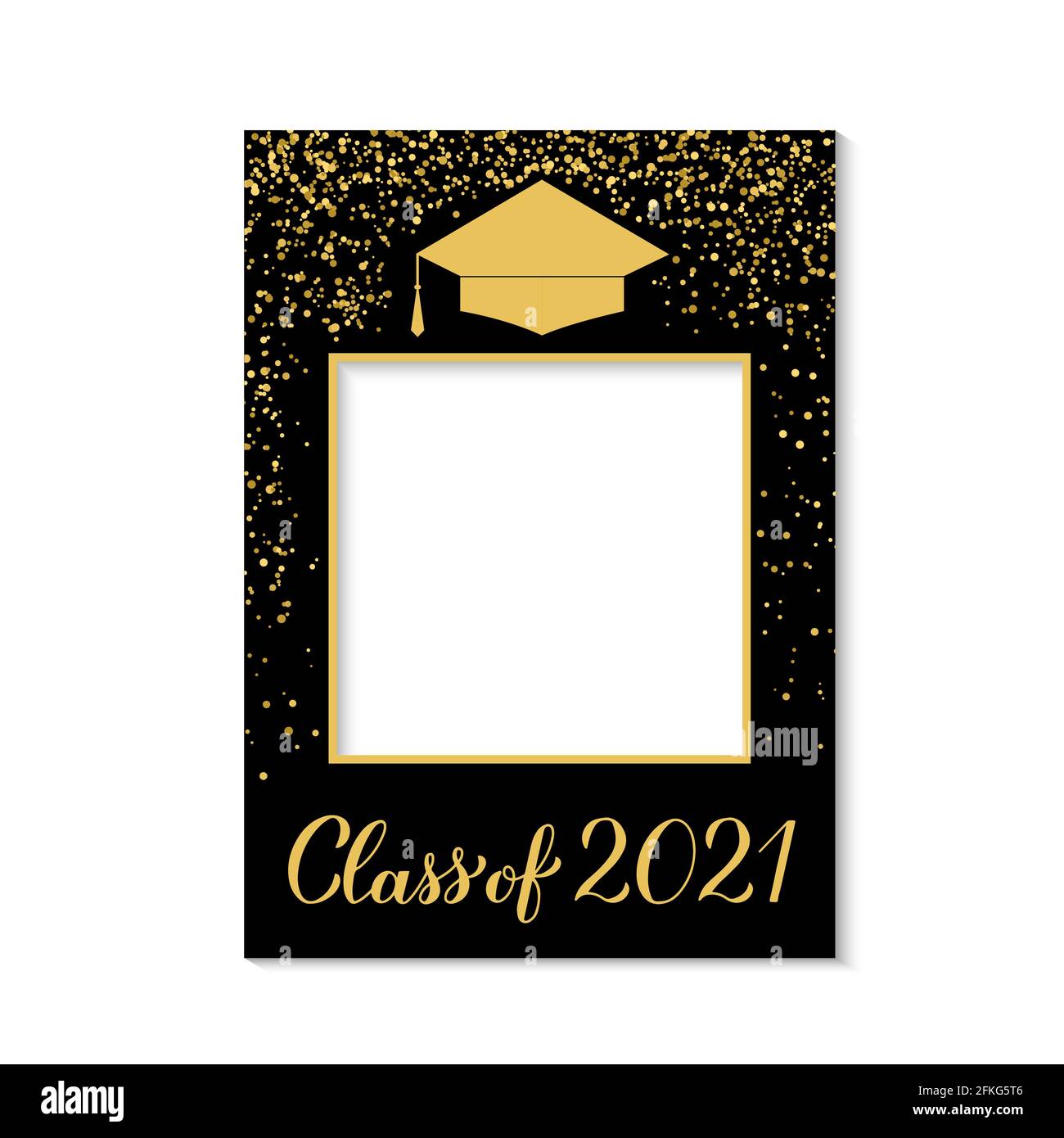 Graduierungskappe für Fotokabine der Klasse 2021, isoliert auf Weiß. Abschlussfeier Fotozahnrad Requisiten. Grad Feier Selfie Rahmen. Vektorvorlage. Stock Vektor