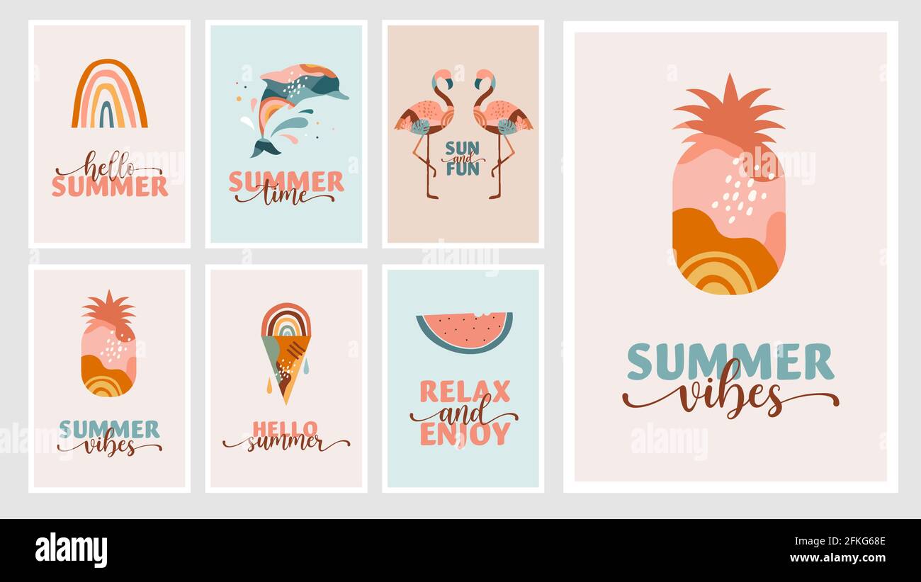 Böhmischer Sommer, moderne Sommerillustrationen und Kartengestaltung mit Regenbogen, Flamingo, Ananas, Eis und Wassermelone Stock Vektor