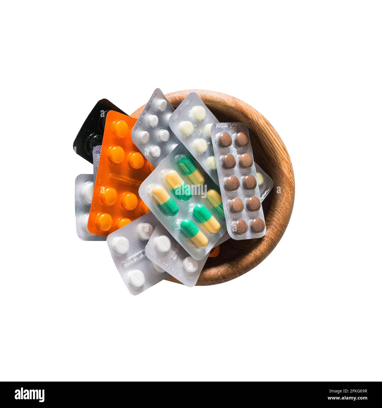 Verschiedene Medikamente: Tabletten, Blistertabletten, Medikamente, Pillen in Holzbecher. Makro-Flatlay-Ansicht. Stockfoto