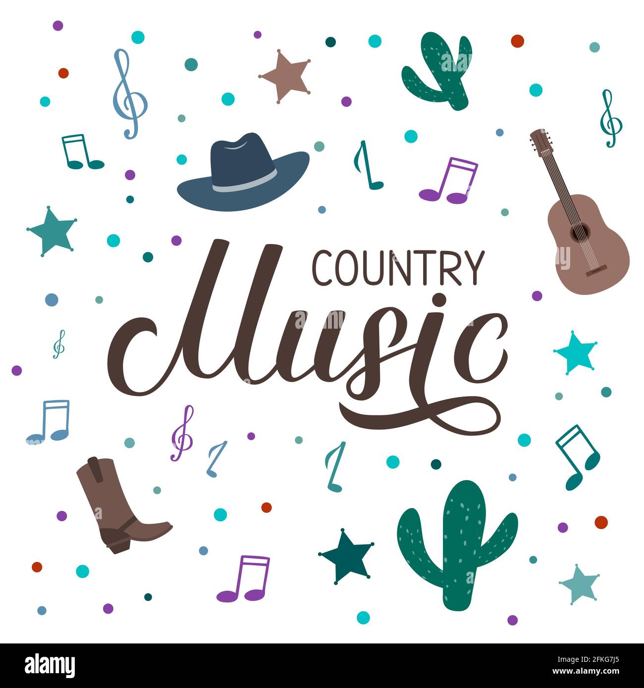 Country Music Schriftzug mit Hut, Cowboy Stiefeln, Noten und Gitarre. Akustikgitarre Musical Show Typografie Poster. Einfache Bearbeitung von Vektorvorlagen für Ban Stock Vektor