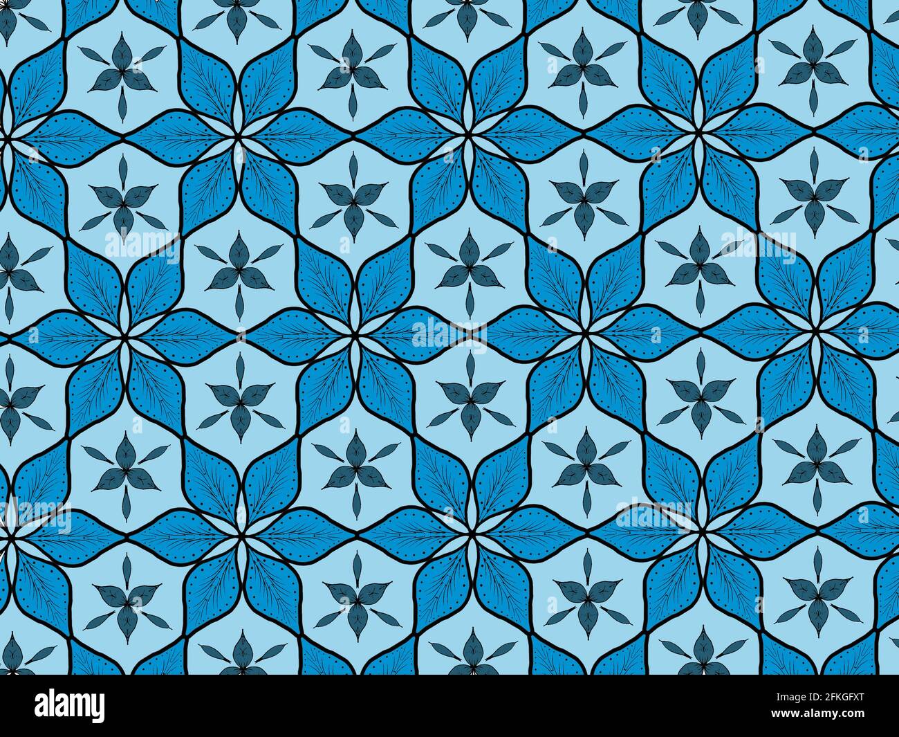 Ein blau florales 30 Grad kaleidoskopisch wiederholendes nahtloses Mustermotiv auf himmelfarbenem Hintergrund. Hochwertige Fotos Stockfoto