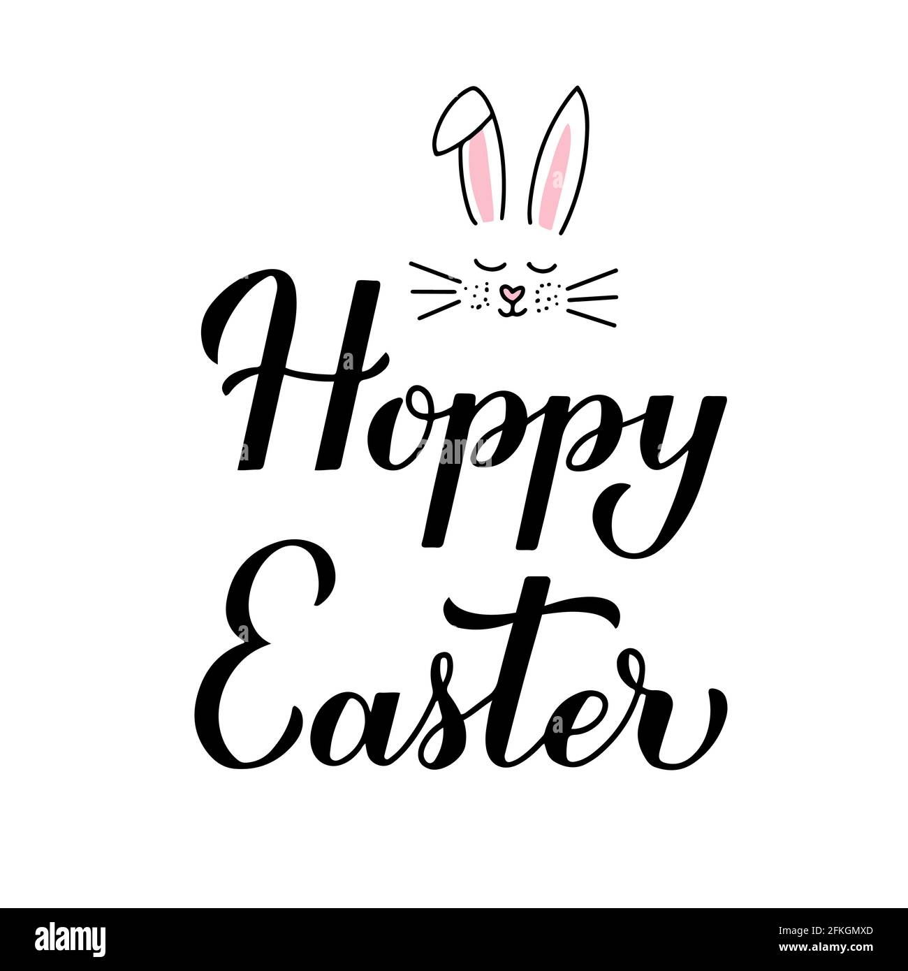 Hoppige Ostern Kalligraphie Handschriftzug mit Hase Schnauze und Ohren isoliert auf weiß. Ostern Wortspiel Zitat Typografie Poster. Vektorvorlage für Party in Stock Vektor