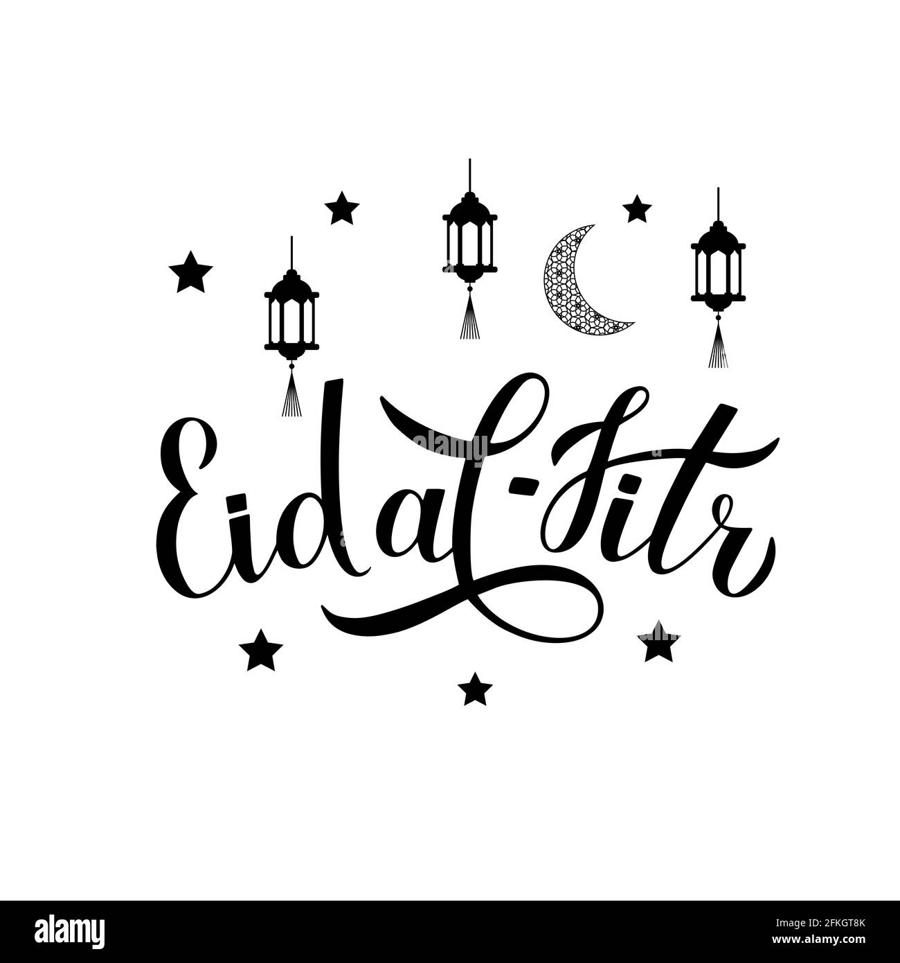 Ramadan Kareem Schriftzug mit Laternen, Mond und Sternen isoliert auf Weiß. Heiliger Monat der Muslime. Plakat zur islamischen traditionellen Typografie. Vektorvorlage für Stock Vektor