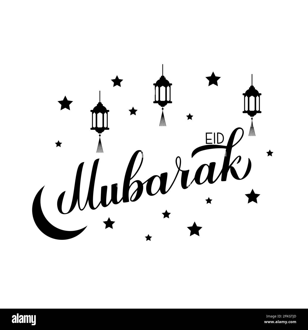 Eid Mubarak moderner Schriftzug mit Laternen, Mond und Sternen isoliert auf Weiß. Heiliger Monat der Muslime. Plakat zur islamischen traditionellen Typografie. Vektortemplatt Stock Vektor