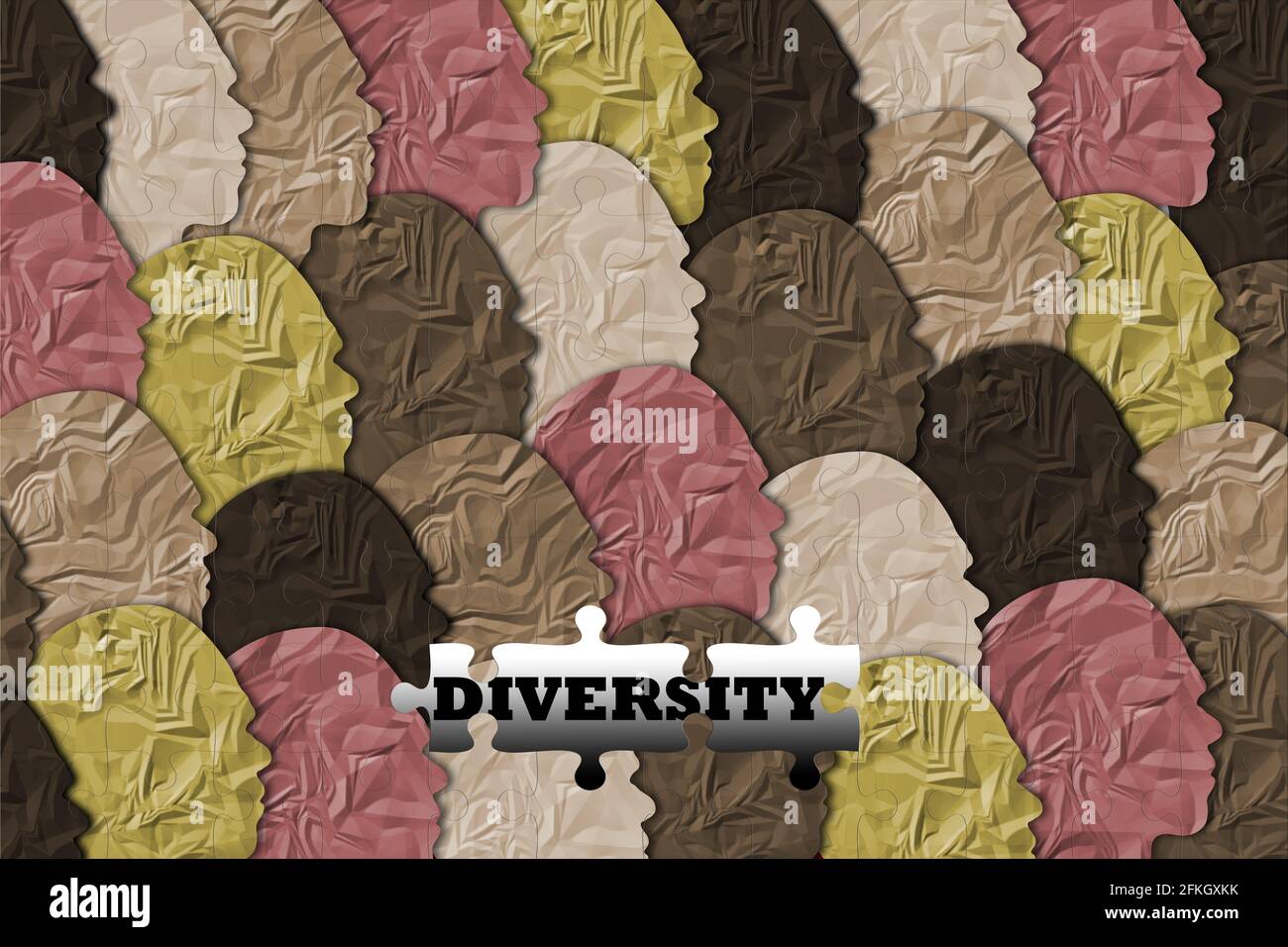 Gesichter von Menschen verschiedener Hautfarben zusammen. Diversity-Konzept. 3D-Illustration. Stockfoto