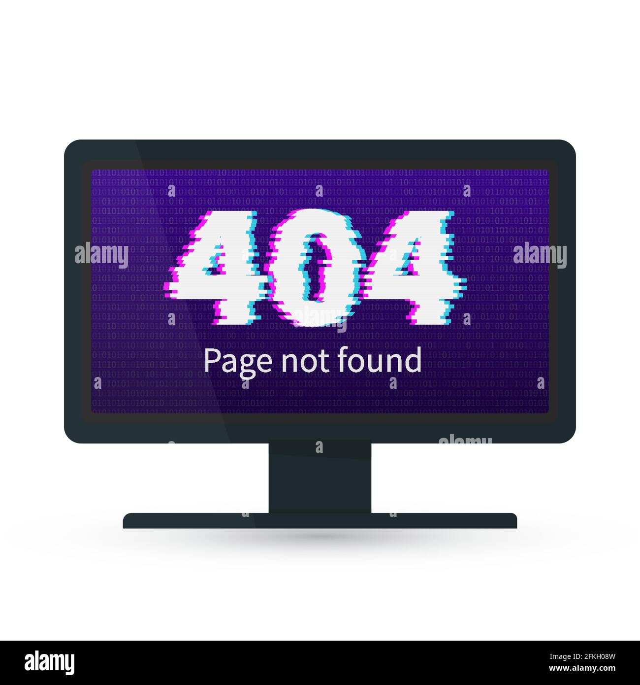 404-Fehler auf dem Desktop-Monitor mit Glitch-Effekt. Seite nicht gefunden. Hintergrundbild für Binärcode. Verzerrtes Schreiben. Vektorgrafik. Einfach zu bearbeiten Stock Vektor