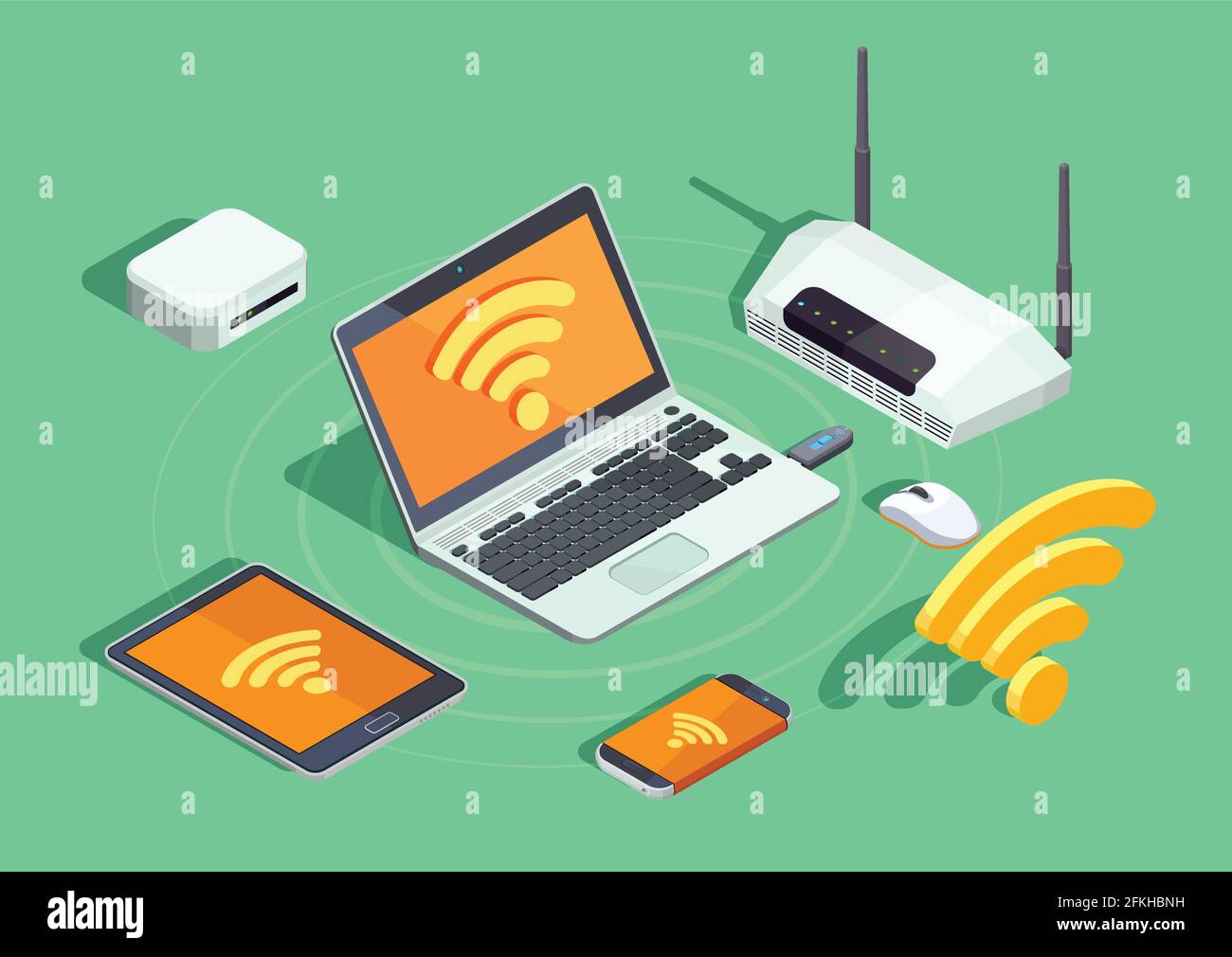 Wireless-Technologie-Geräte isometrisches Poster mit Laptop-Drucker  Smartphone-Router Und WiFi-Internet-Verbindung Symbol Vektor-Illustration  Stock-Vektorgrafik - Alamy