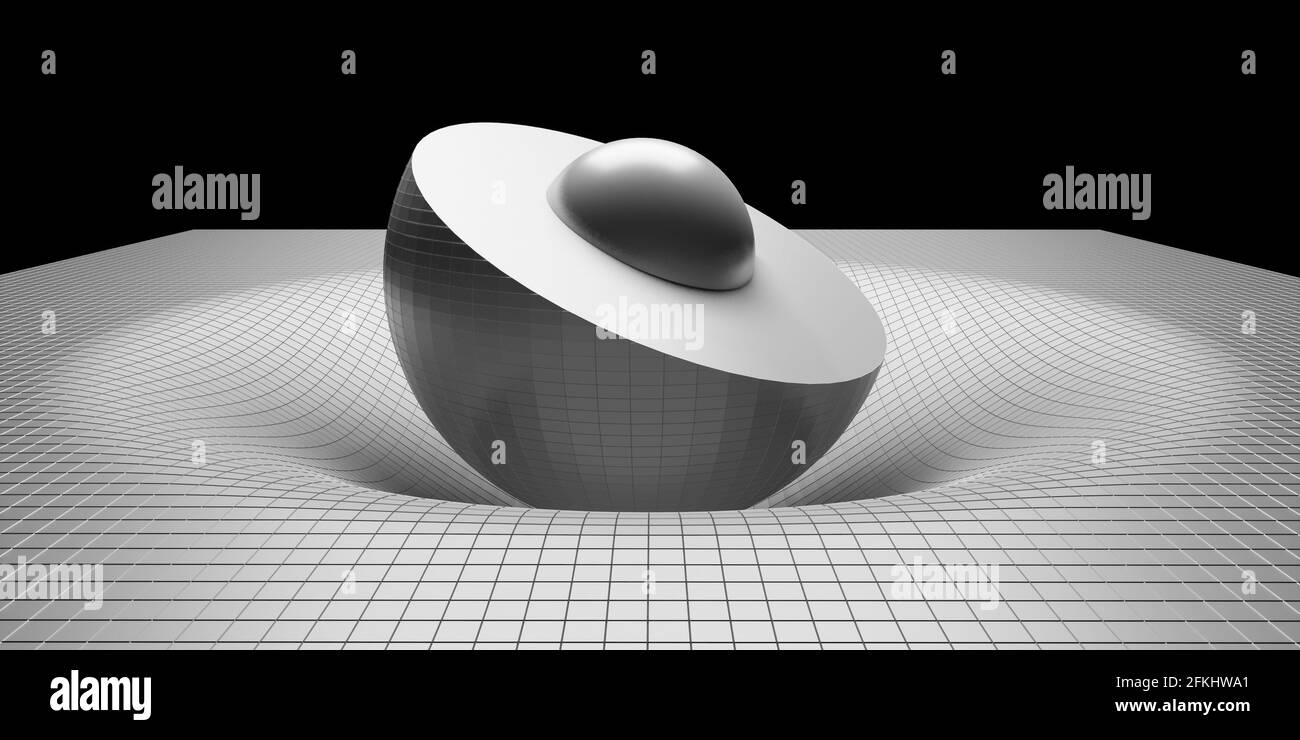 3D-Visualisierung des inneren Erdkerns als Querschnitt mit Gravitationsverzerrung, allgemeiner Relativitätstheorie, wissenschaftlichem Gesetz der universellen Gravitation Stockfoto