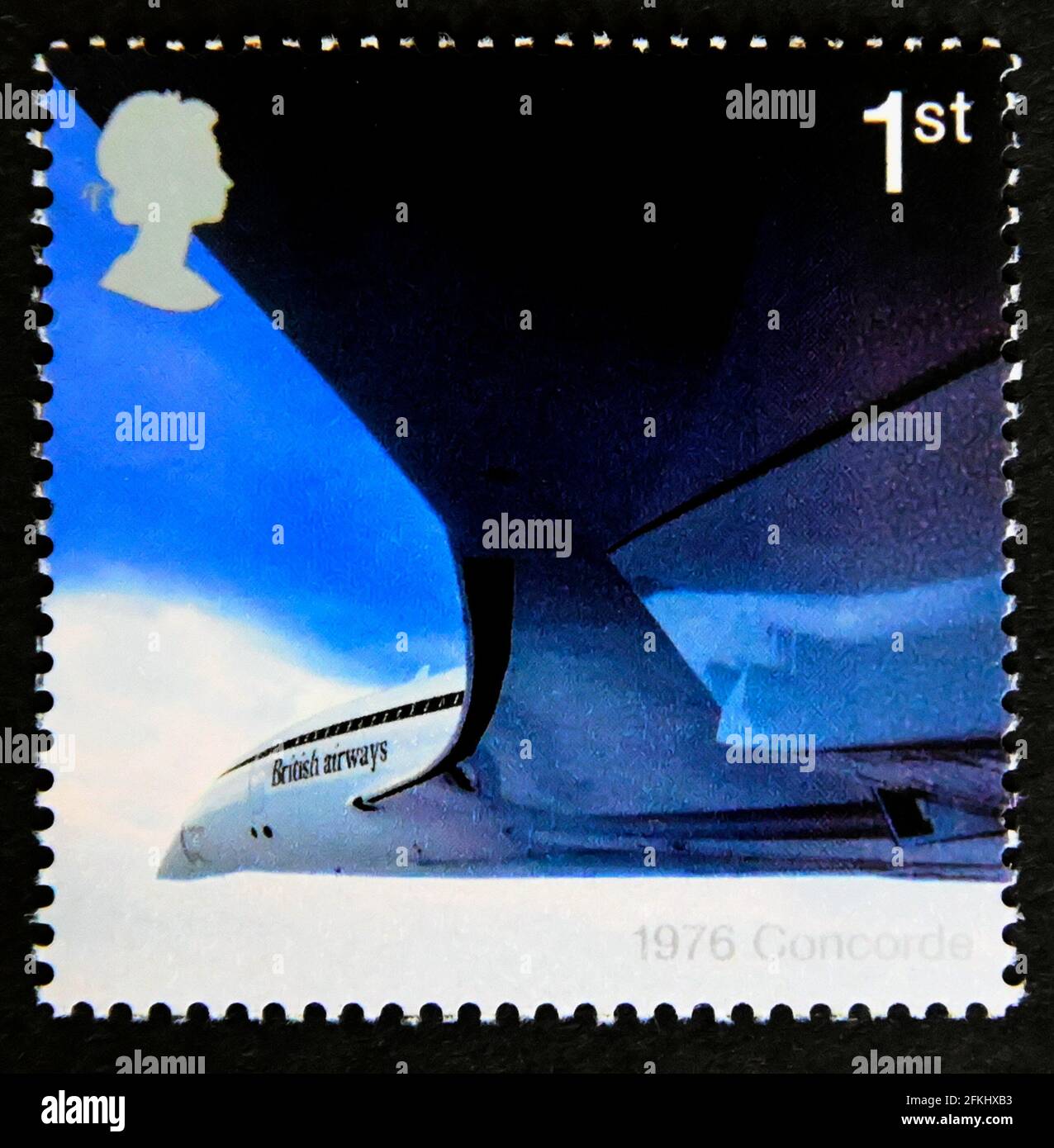 Briefmarke, Großbritannien, Queen Elizabeth II, 2002. 50. Jahrestag der Fluggastflugzeugfahrt. Airliner. 1976 Concorde. 1. Stockfoto