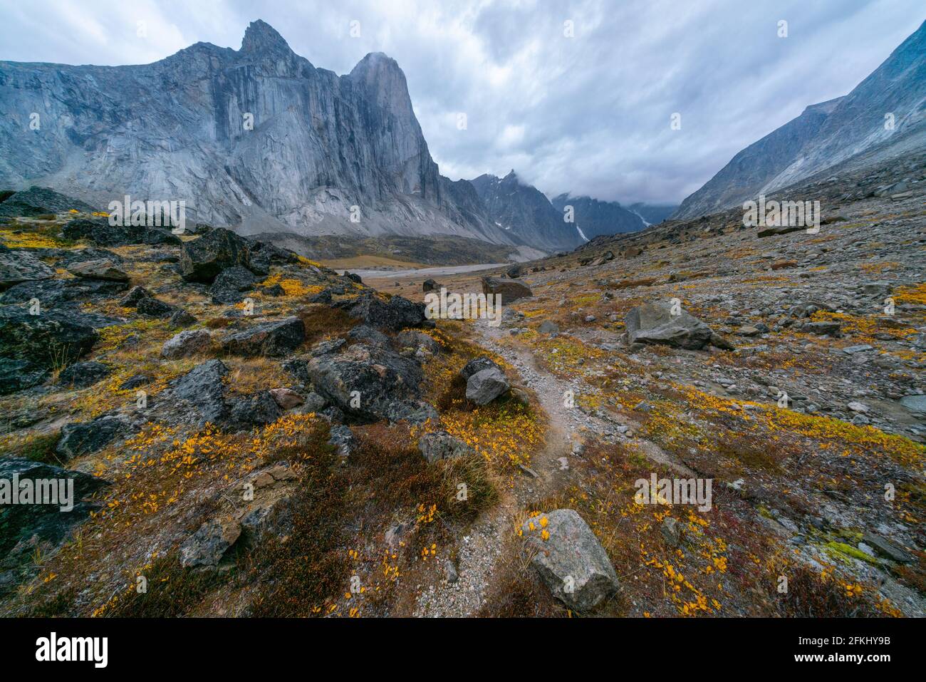 Ultrabreite Aufnahme der Südwestwand des Mt. Thor, die höchste senkrechte Klippe der Erde, an einem bewölkten Septembertag. Wandern im wilden, abgelegenen arktischen Tal von Stockfoto