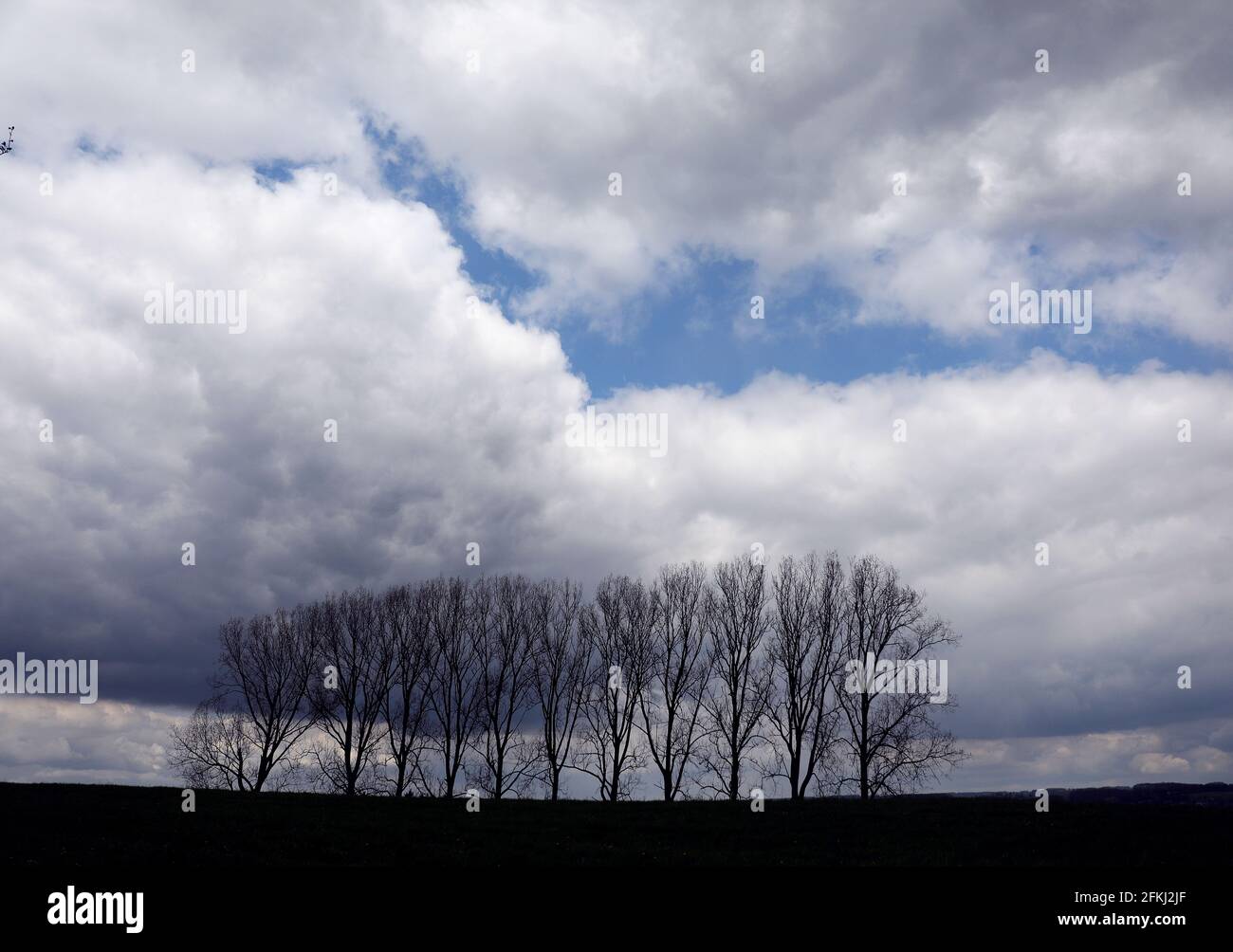 Wermelskirchen, Deutschland. Mai 2021. Wolken ziehen über ein Feld mit Bäumen bei Wermelskirchen. Quelle: Oliver Berg/dpa/Alamy Live News Stockfoto