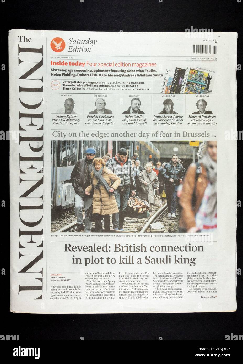 Die Titelseite der letzten gedruckten Ausgabe der unabhängigen Zeitung am Samstag, den 26. März 2016. Stockfoto