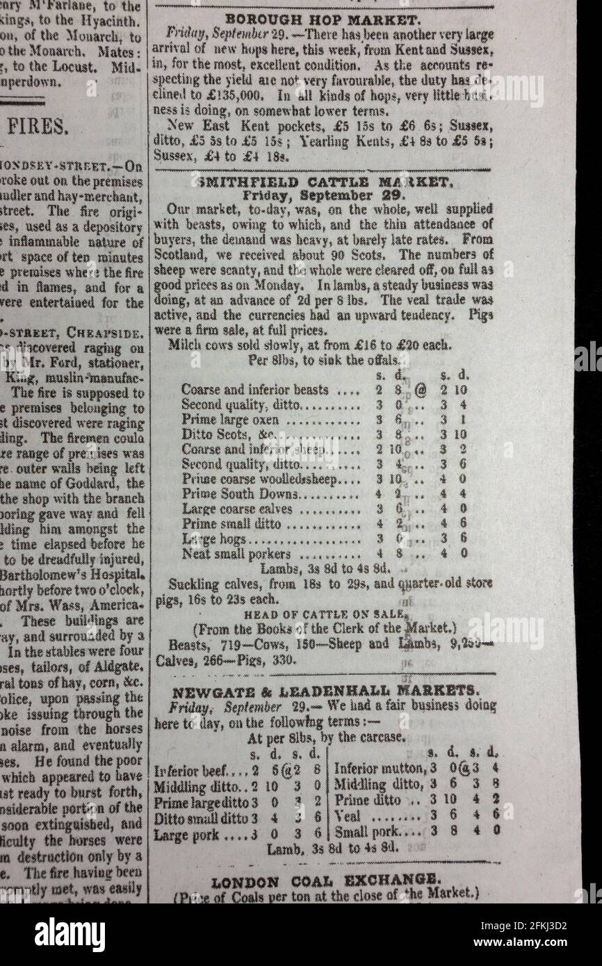 Fleischpreise, Smithfield Cattle Market, The News of the World (Nachbildung der ersten Veröffentlichung), Sonntag, 1. Oktober 1843. Stockfoto