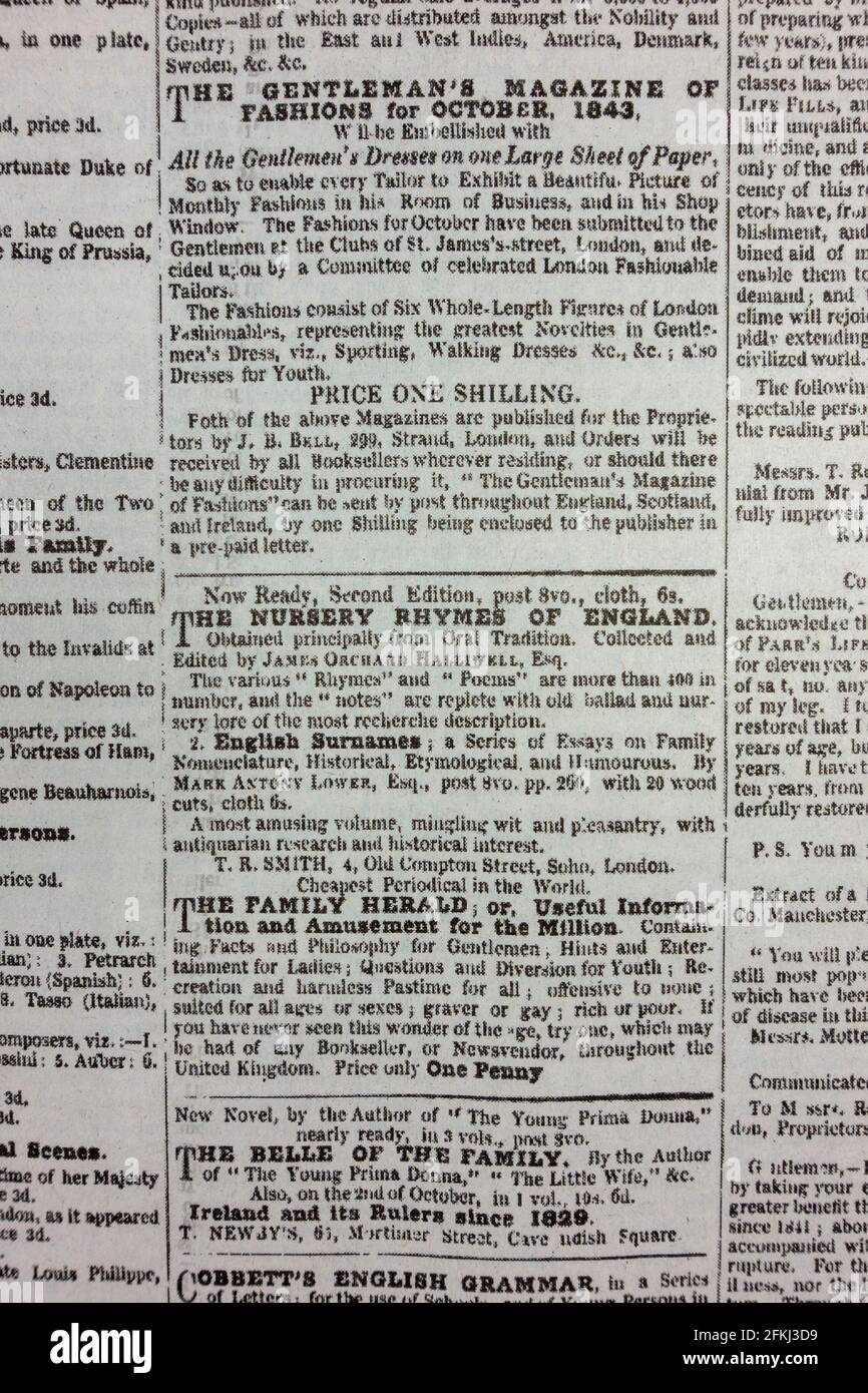 Werbung für das „Gentlemans Magazine of Fashion“ in der Zeitung „News of the World“ (Nachbildung der ersten Veröffentlichung), Sonntag, 1. Oktober 1843. Stockfoto