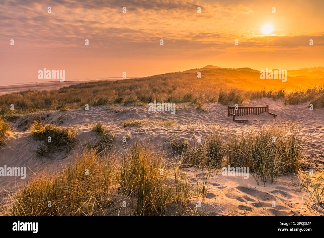 Sonnenaufgang in den Dünen, mit einer Holzbank, die mit Sand bedeckt ist, auf der niederländischen Watteninsel Vlieland im Norden der Niederlande. Stockfoto