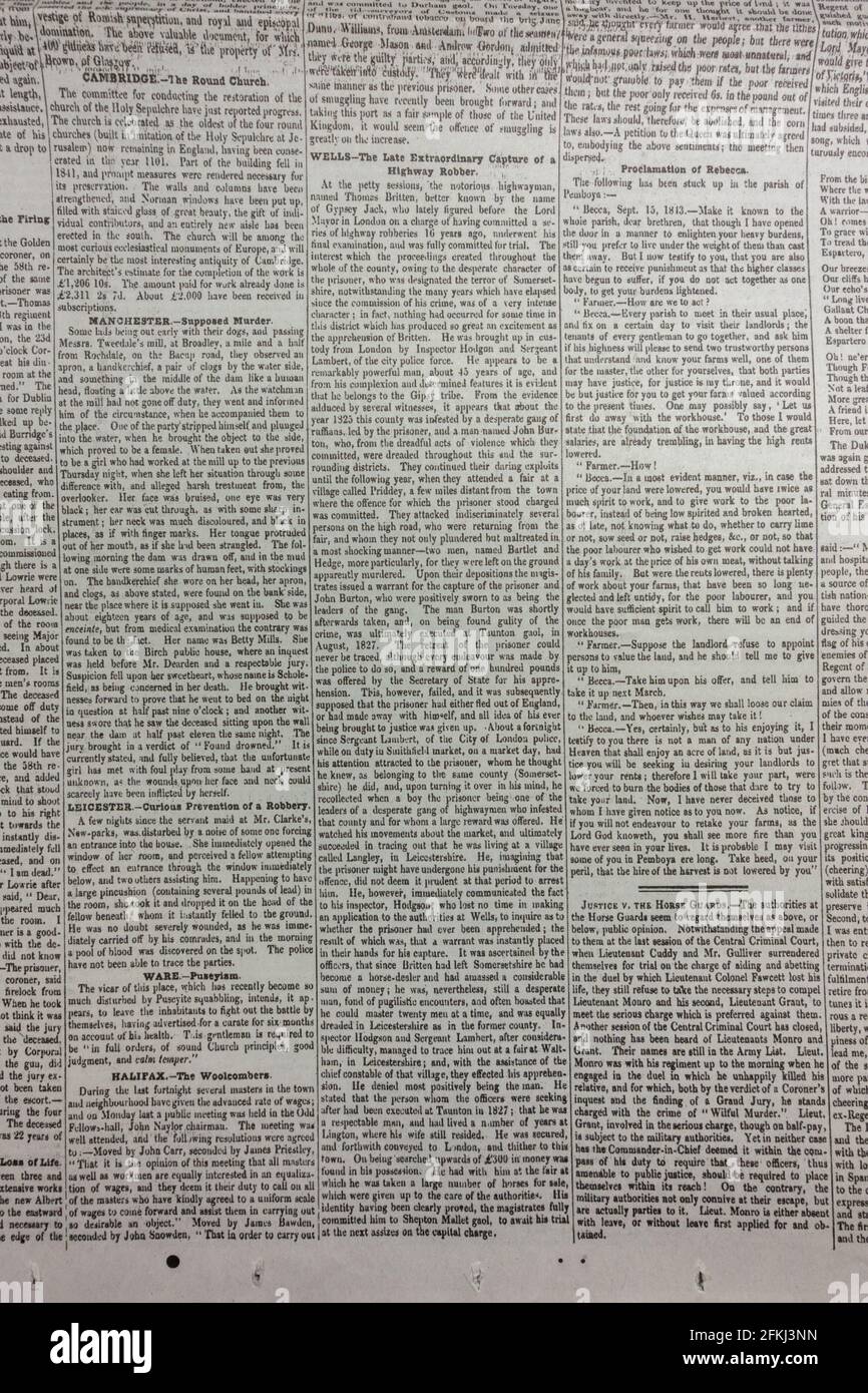Nachrichtenartikel aus ganz England (Cambridge, Wells usw.) The News of the World Zeitung (Nachbildung der ersten Veröffentlichung), Sonntag, 1. Oktober 1843. Stockfoto