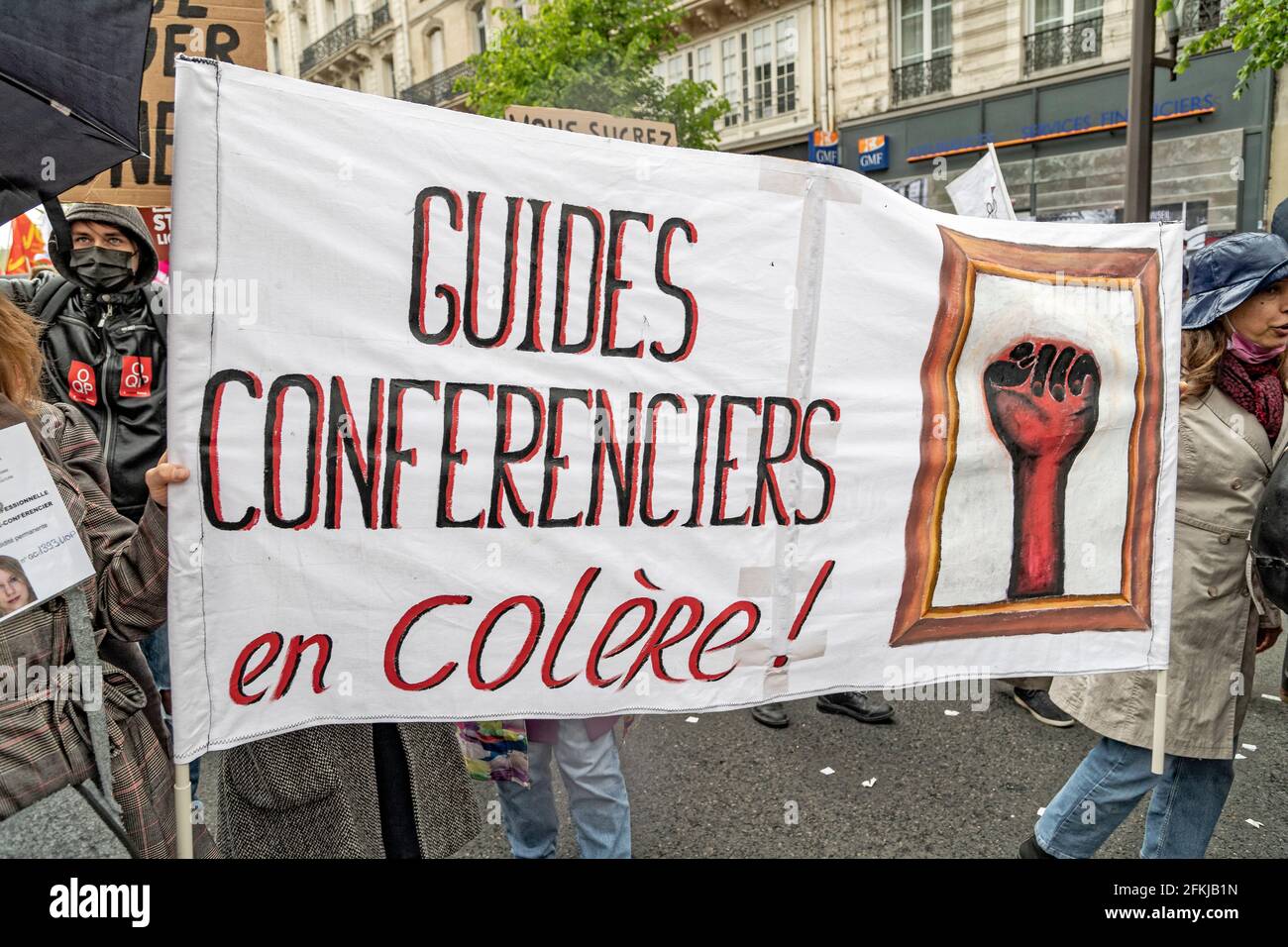Paris, Frankreich. Mai 2021. Am 1. Mai in Paris versammeln sich die FSU, Solidaires, Lutte Ouvrière, die CGT und Force Ouvrière (FO) Stockfoto