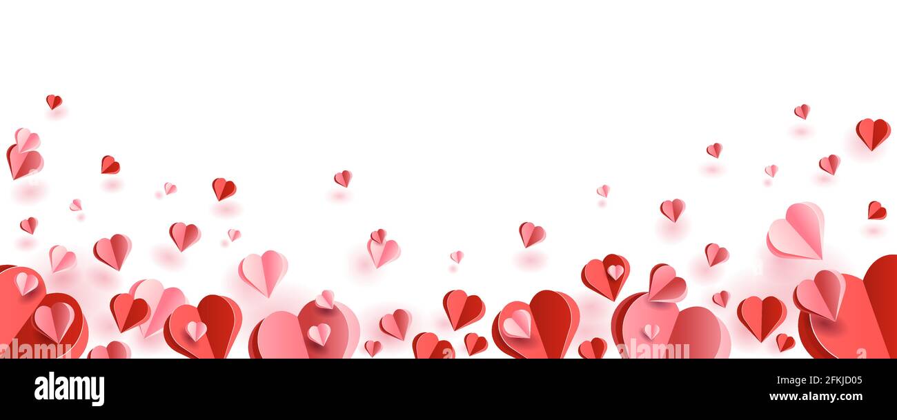 Rote und rosa Herzen in Papierschnitt-Styles. Fliegende Herzen auf weißem Hintergrund. Hintergrund mit Herzen zum Valentinstag, Geburtstag, Hochzeitstag. Stock Vektor