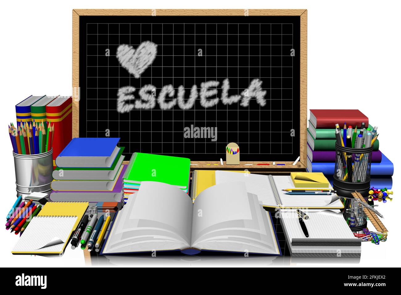3d-Illustration. Zentrale Tafel mit Text Ich liebe Schule. Schreibwaren in Schule, Universität, Büro verwendet. Stockfoto