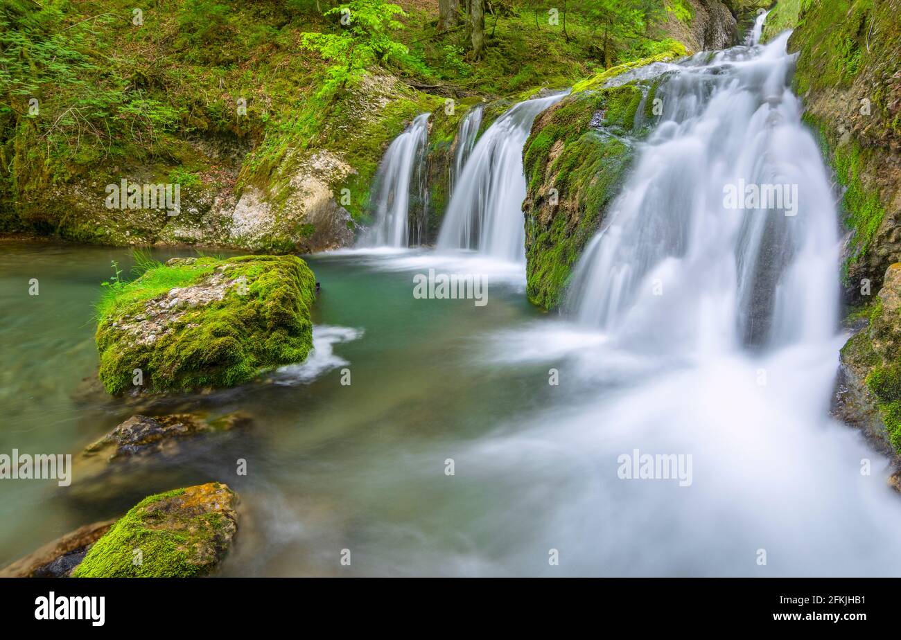 Wasserfall mit Felsen und grünem Moos bei Gunzesried. Allgäu, Bayern, Deutschland Stockfoto