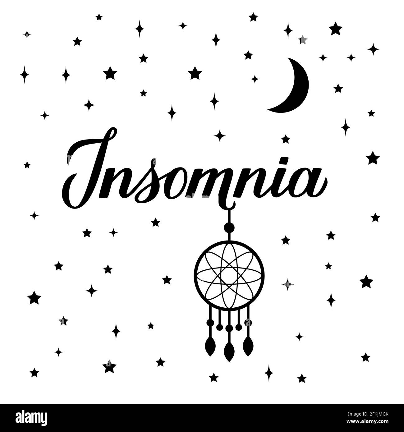Insomnia Kalligraphie Handschriftzug isoliert auf weiß. Traumfänger, Mond und Sterne. Schlafprobleme und Schlaflosigkeit Konzept Typografie Poster. Vecto Stock Vektor