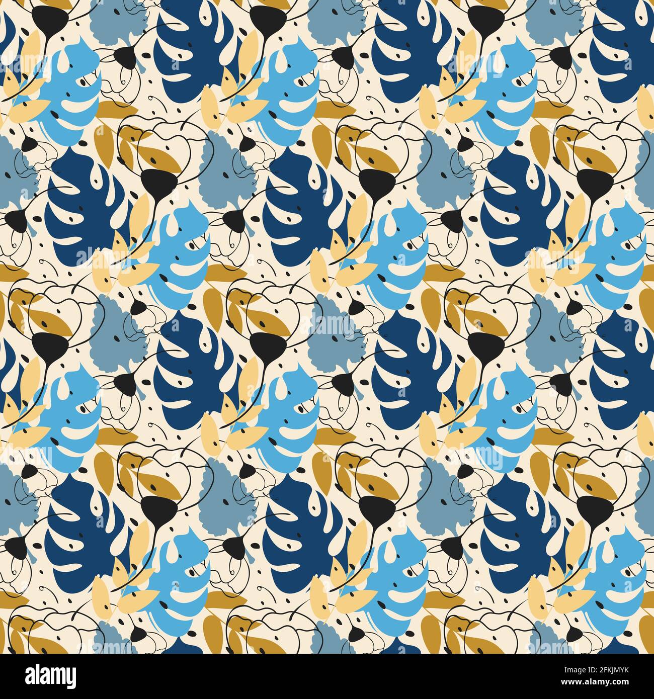 Tropic Blätter Sommer nahtlose Patter, Vektor handgezeichnete Illustration von Umriss Blume, Monstera, Zweig in modernen blau gelben Farbpalette Stock Vektor