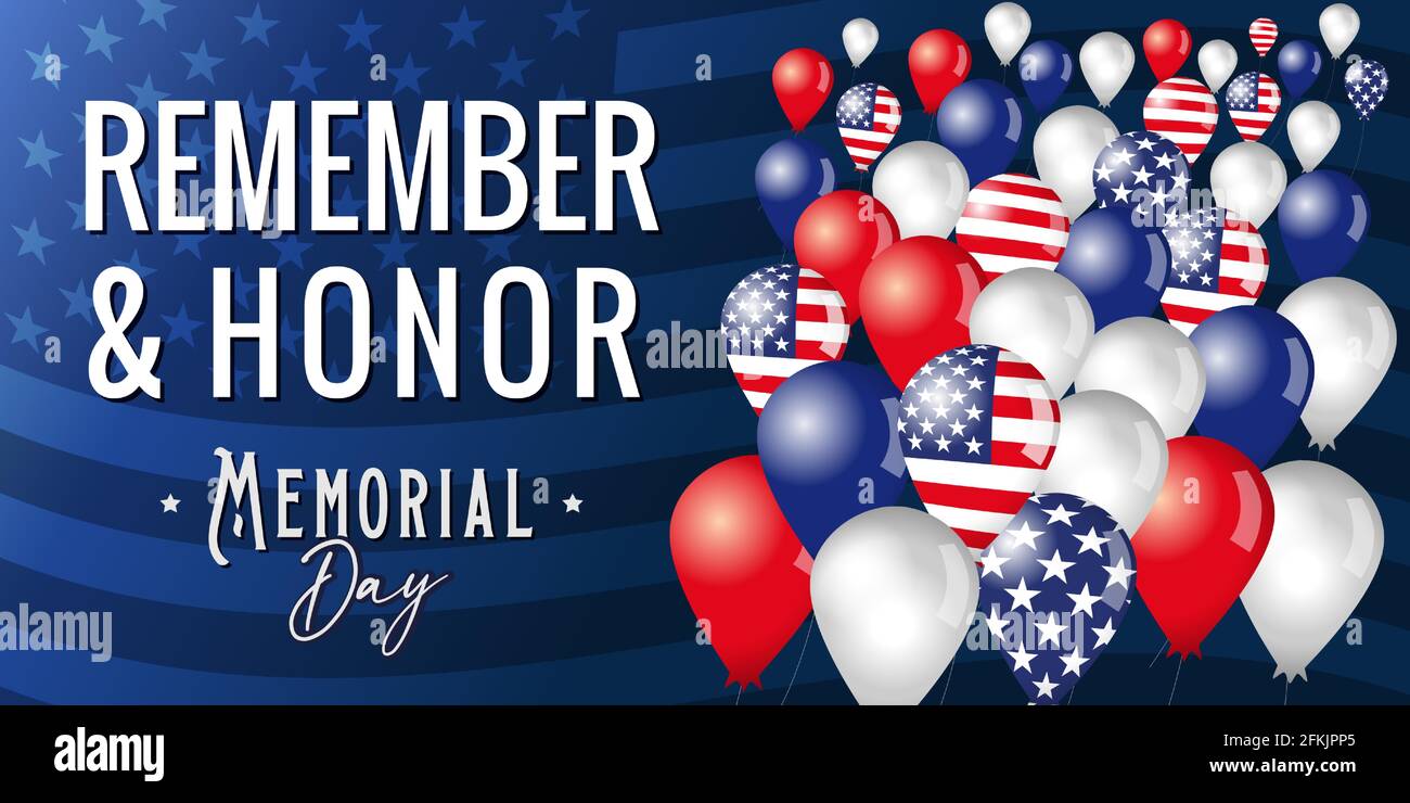 „Remember and Honor“, „Memorial Day“-Banner mit Luftballons, die in den Himmel fliegen. Feier-Design für amerikanischen Urlaub mit USA-Flagge in Ballons und Text Stock Vektor
