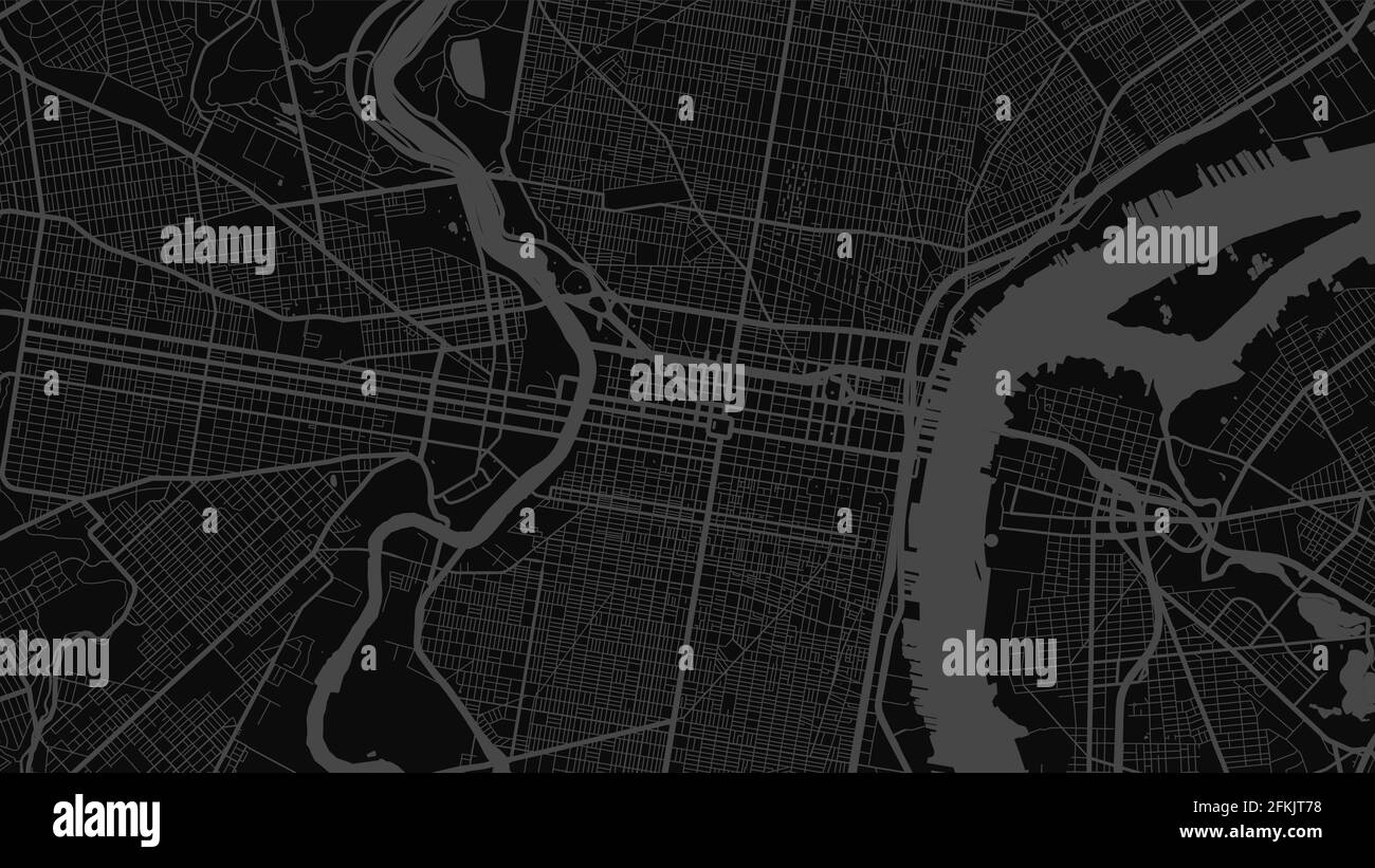 Dunkelgrau und schwarz Philadelphia Stadtgebiet Vektor Hintergrundkarte, Straßen und Wasser Kartographie Illustration. Breitbildformat, digitales Flachdesi Stock Vektor