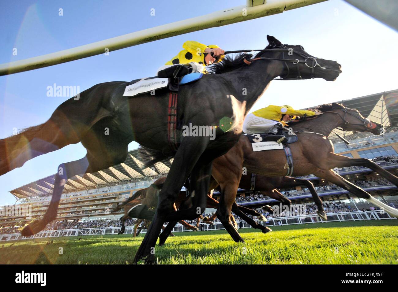 Rennen in Ascot, dem Princess Royal Stakes. William Buick auf Spirit of dubai im Begriff, den verborgenen hinter dem 2. Platz Richard Hughes auf Pollys Marke zu gewinnen. 25/9/09. BILD DAVID ASHDOWN Stockfoto