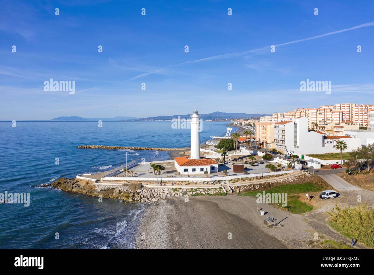 Faro de Torrox, der Leuchtturm ist das Wahrzeichen der Stadt Torrox-Costa, Andalusien, Costa del Sol, Spanien Stockfoto