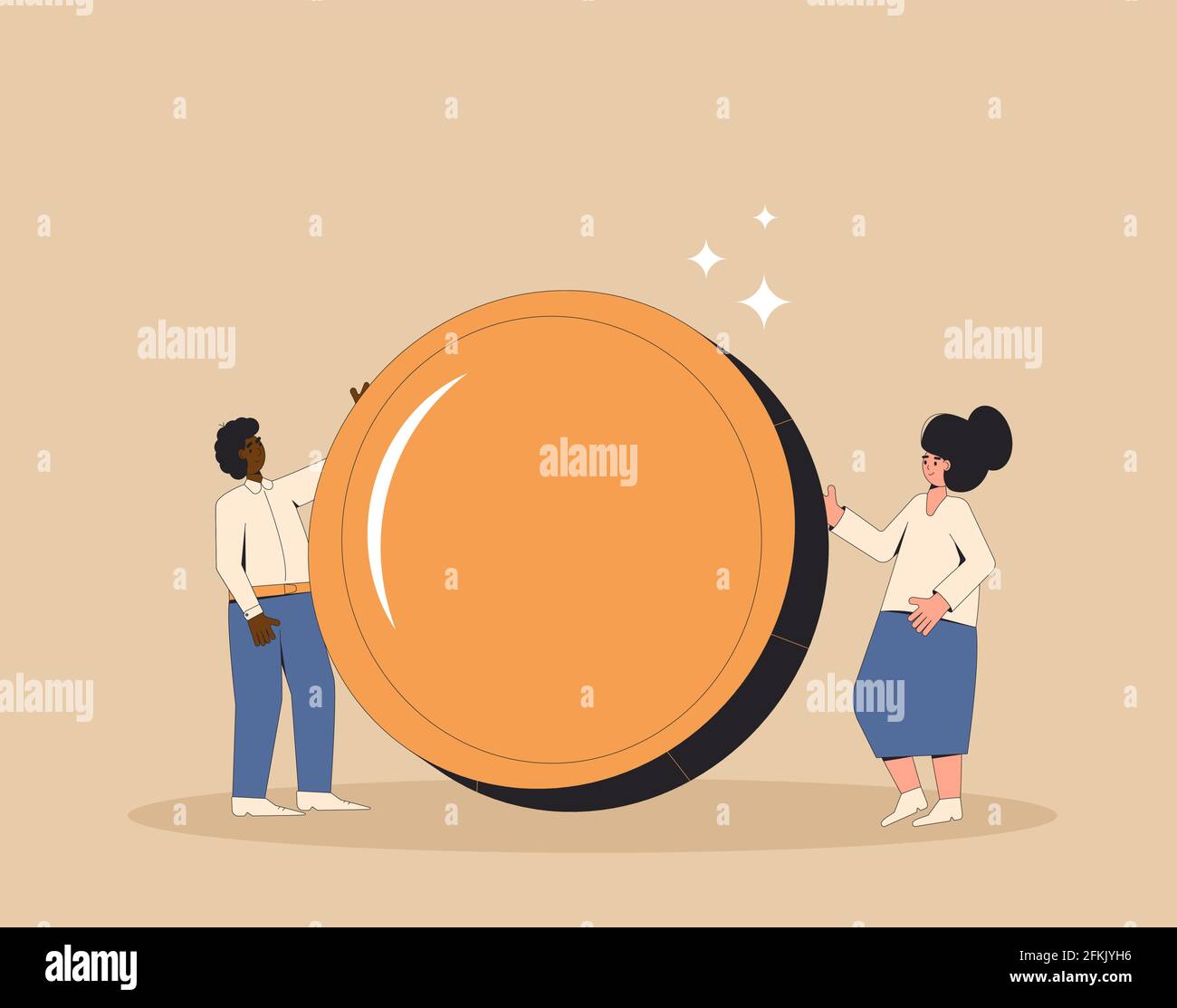 Familienbudget. Menschen mit Einkommen. Mann und Frau stehen zusammen mit Geld. Junge männliche und weibliche Charaktere stehen mit einer riesigen Goldmünze. Vektor Stock Vektor