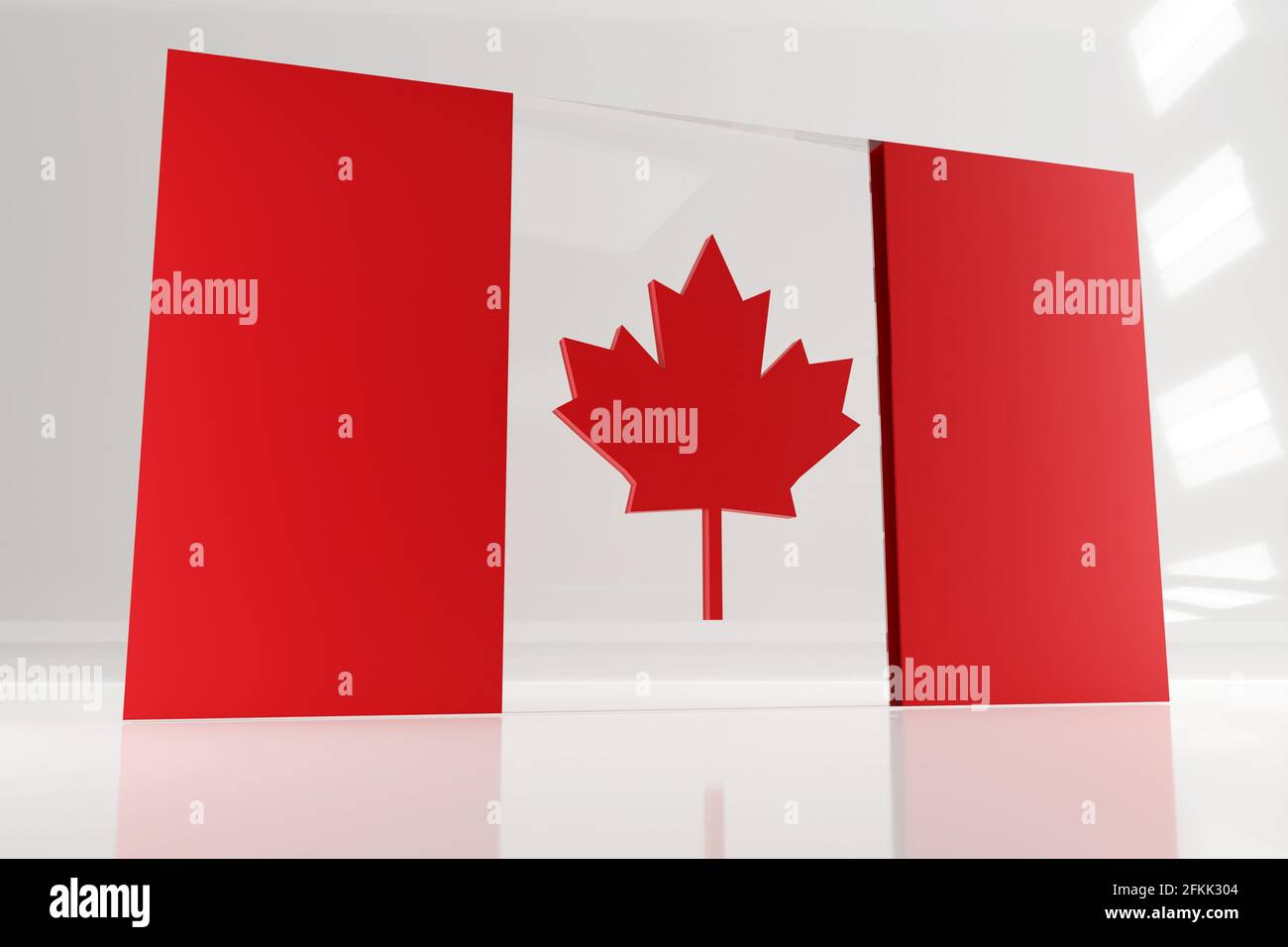 Monumentale kanadische Flagge für den Canada Day. 3d Render Flagge aus Glas und Beton. Stockfoto