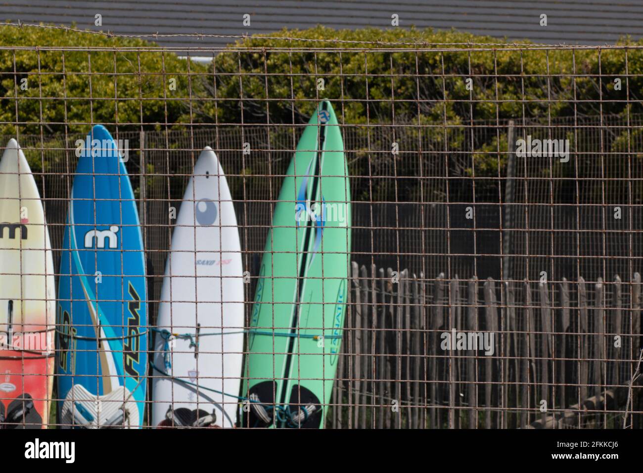 Surfbretter Reihen sich hinter einem Drahtzaun an Stockfoto