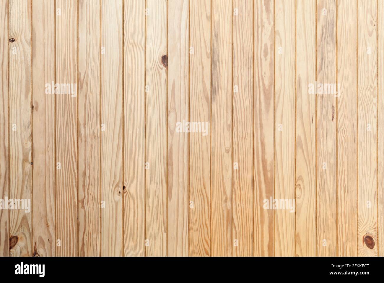 Natürliche neue Holzwand aus unfarbigen Kiefernholzplanken. Fototextur im frontalen, flachen Hintergrund Stockfoto