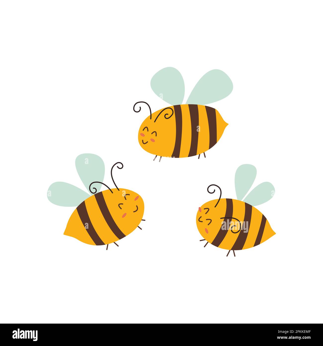 Süße glückliche Honigbienen lächeln im Flug. Vektor bunte isoliert handgezeichnete Illustration Stock Vektor