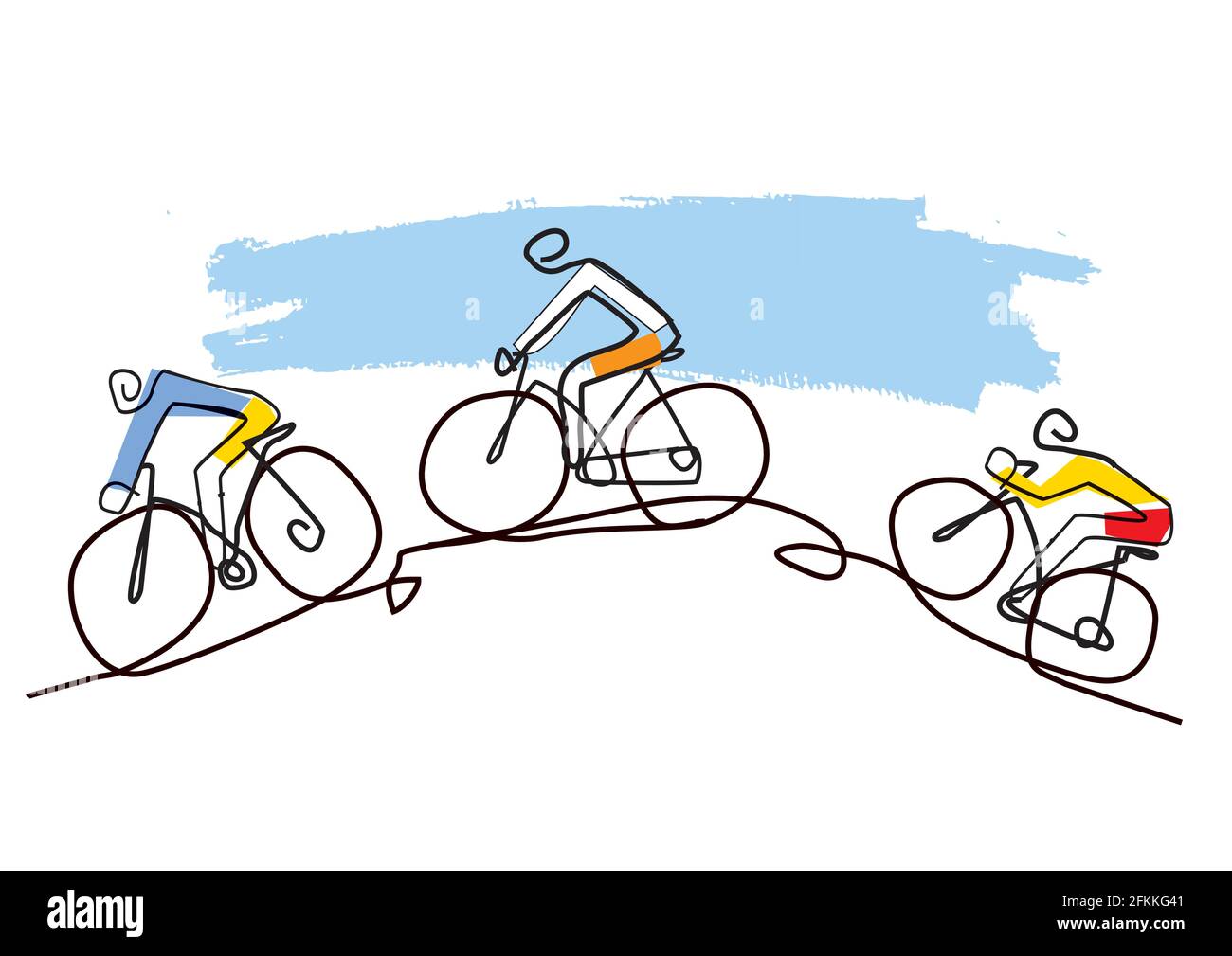 Mountainbike-Radfahrer, Linie Kunst stilisierte Karikatur. Abbildung von drei Radfahrern auf einem Hügel. Isoliert auf weißem Hintergrund. Vektor verfügbar Stock Vektor