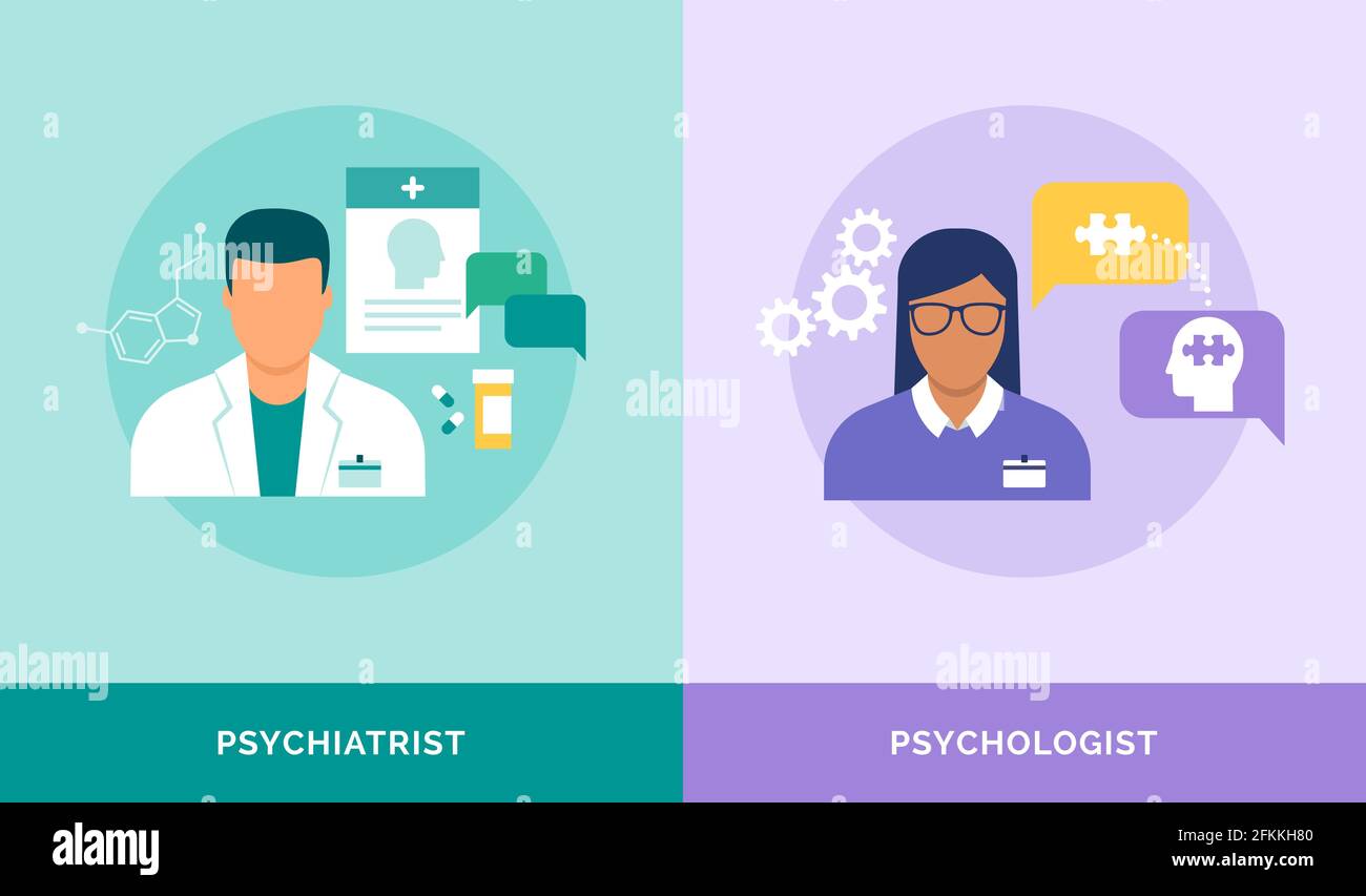 Psychiater vs. Psychologe: Unterschiede zwischen Psychiatrie und Psychologie Stock Vektor