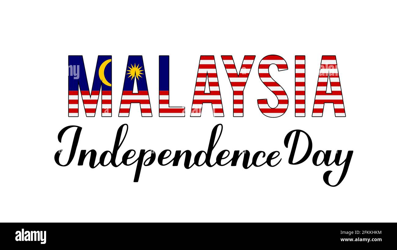 Malaysia Independence Day Kalligraphie Handschriftzug mit Flagge isoliert auf weiß. Nationalfeiertag am 31. August. Vektorvorlage für Typografie Stock Vektor