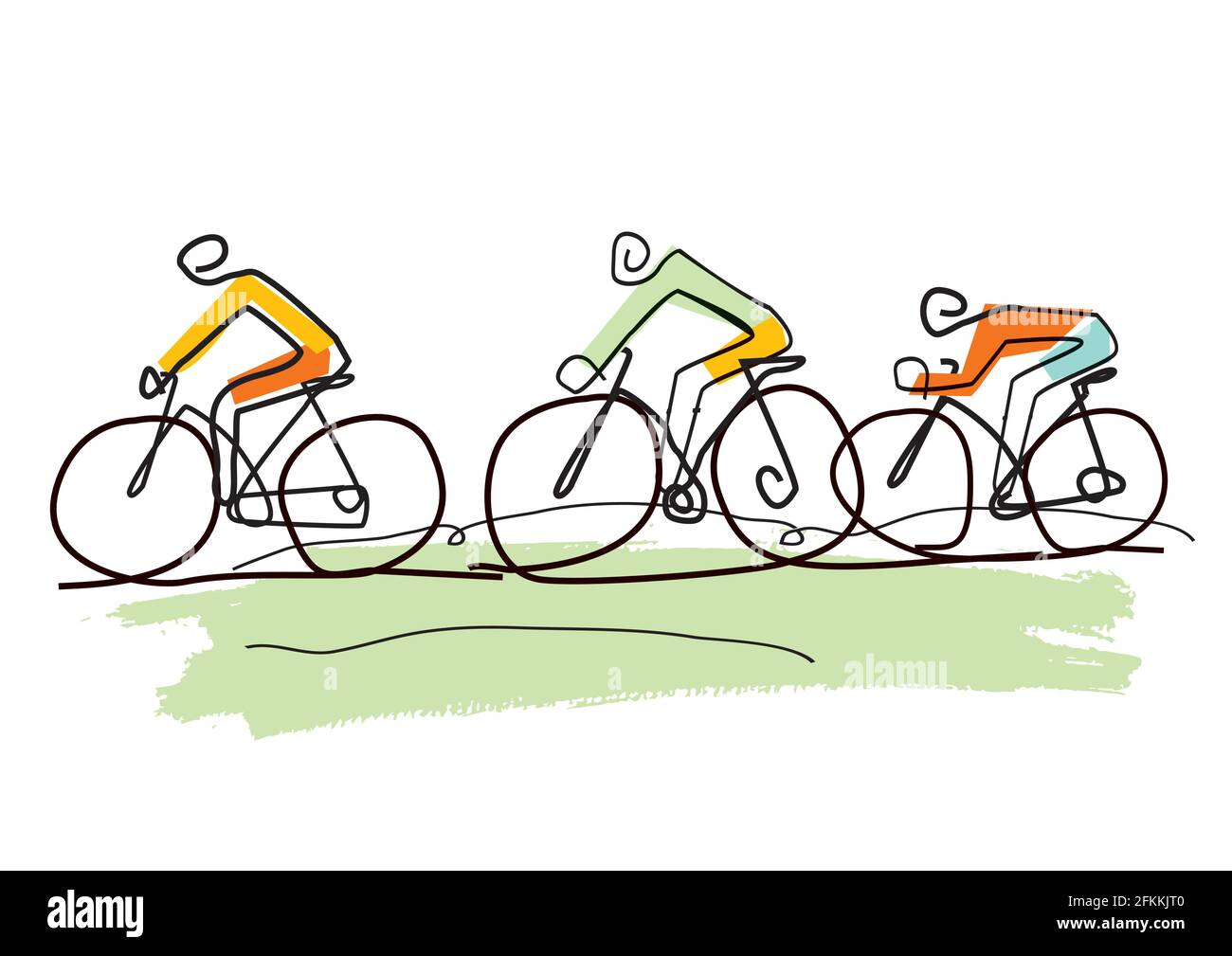 Radtour, Linienkunst stilisierte Karikatur. Stilisierte Zeichnung von drei Radfahrern in einer abstrakten Landschaft. Vektor verfügbar. Stock Vektor