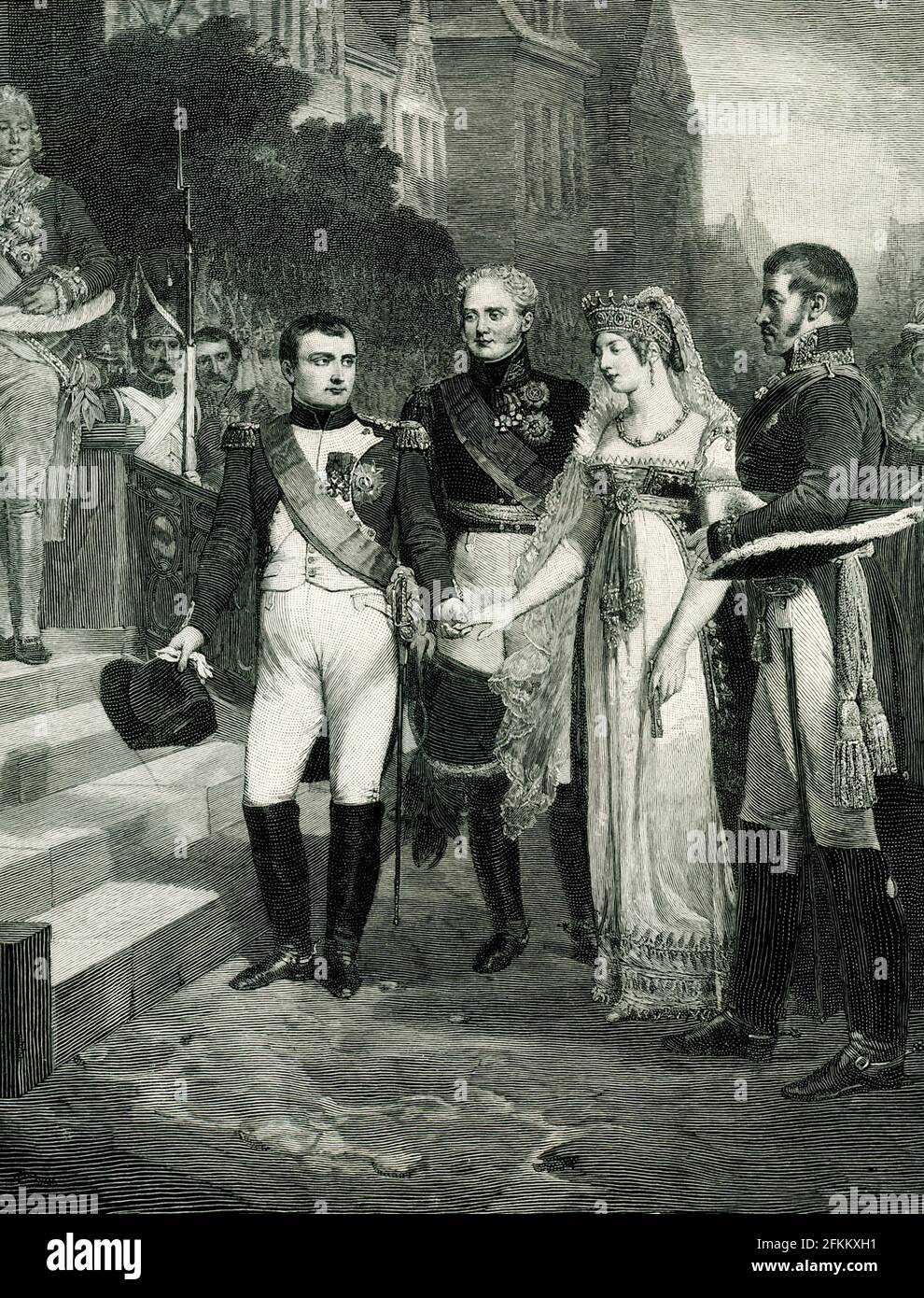 Die 1896 betitelte Überschrift lautet: „Napoleon empfängt am 6 1807. Juli in Tilsit die Königin von Preußen mit einem Gemälde von Nicolas-Louis-Francois Gosse im Museum von Versailles, das von Peter Aitken graviert wurde.“ Stockfoto
