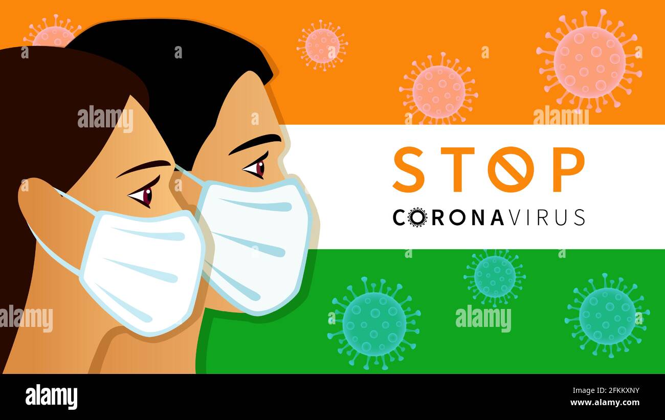 Stop Coronavirus, Quarantänekonzept mit Männern und Frauen in medizinischer Maske auf Indien Flagge. Zeit zum Impfen Banner - Impfstoff gegen COVID-19, soziale Distane Stock Vektor