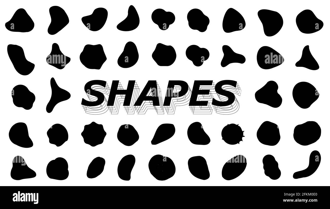 Eine Sammlung von verschiedenen Formen. Konzept Flecken und Flecken Grunge. Abstrakte Vorlagen unregelmäßig geformte organische schwarze Tröpfchen in flachem Stil. Flüssigkeit Stock Vektor