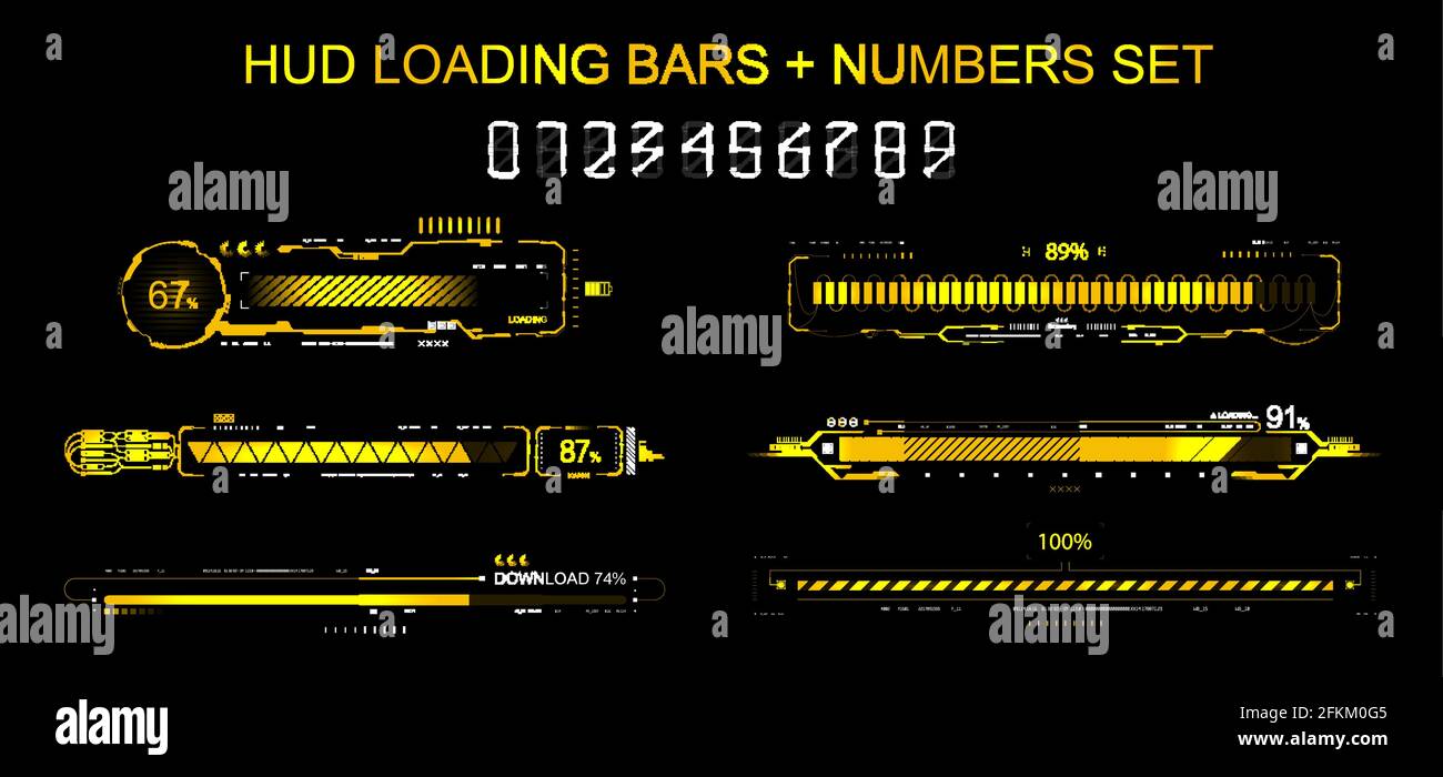 HUD-Fortschritt beim Laden von Balken Sammlung. Futuristische Fortschrittslinien - herunterladen, hochladen, Zeitlinie, Laden für GUI, UI, App, Webdesign und andere Stock Vektor