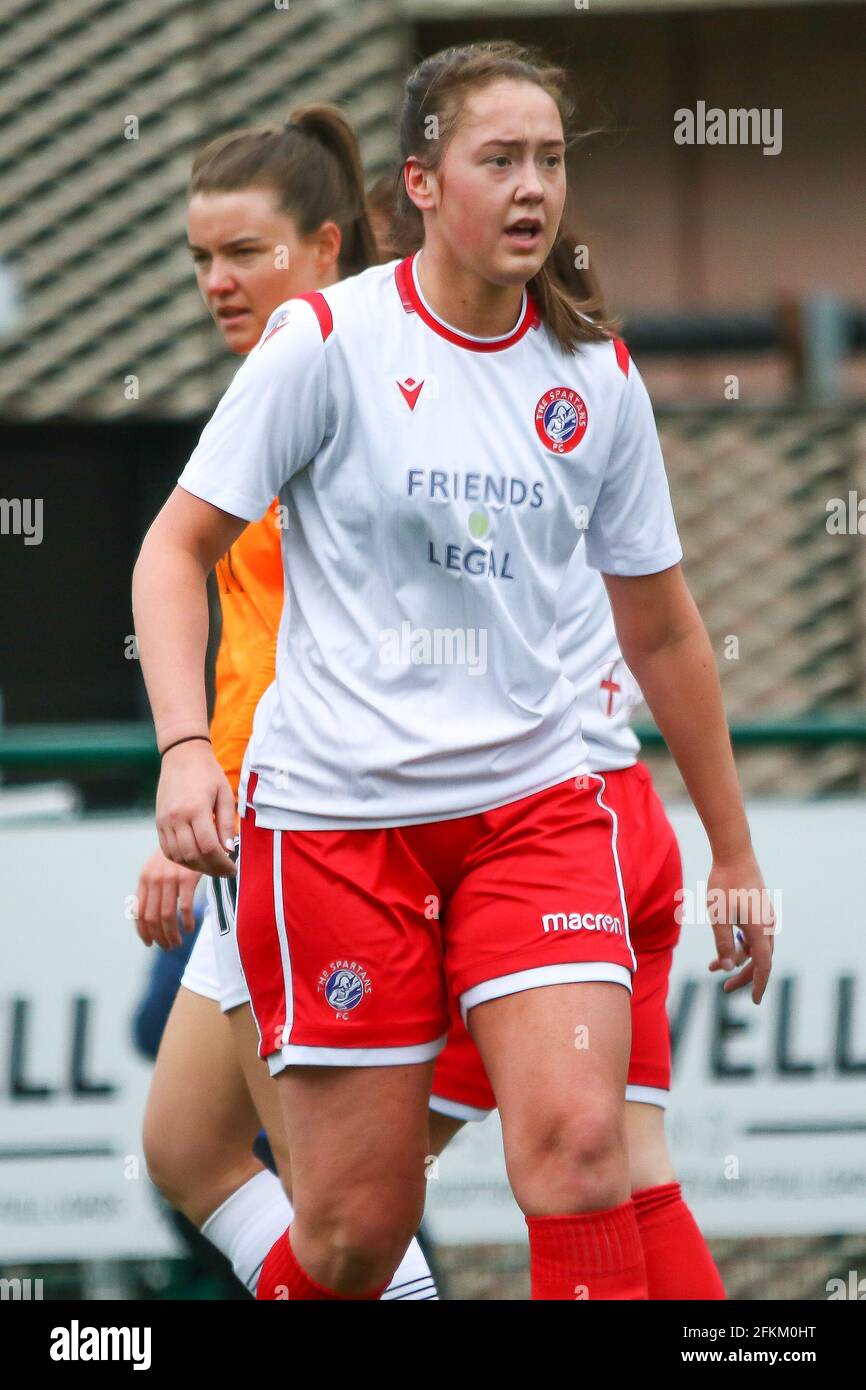 Cumbernauld, North Lanarkshire, Schottland, Großbritannien. Mai 2021. TOR! - 3-1 Tegan Reynolds (#14) von Spartans FC Women erzielt Spartans nur das Tor des Spiels während der Scottish Building Society Scottish Women's Premier League 1 Fixture Glasgow City gegen Spartans, Broadwood Stadium, Cumbernauld, North Lanarkshire. 02/05/2021 Colin Poultney/Alamy Live News Stockfoto