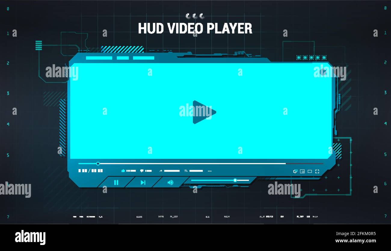 Hi-Tech-Videoplayer im HUD-Stil. Blue Digital Mockup Media Player für App, ui, ux, Webdesign und andere. Vorlage für futuristischen Videoplayer. Modern Stock Vektor