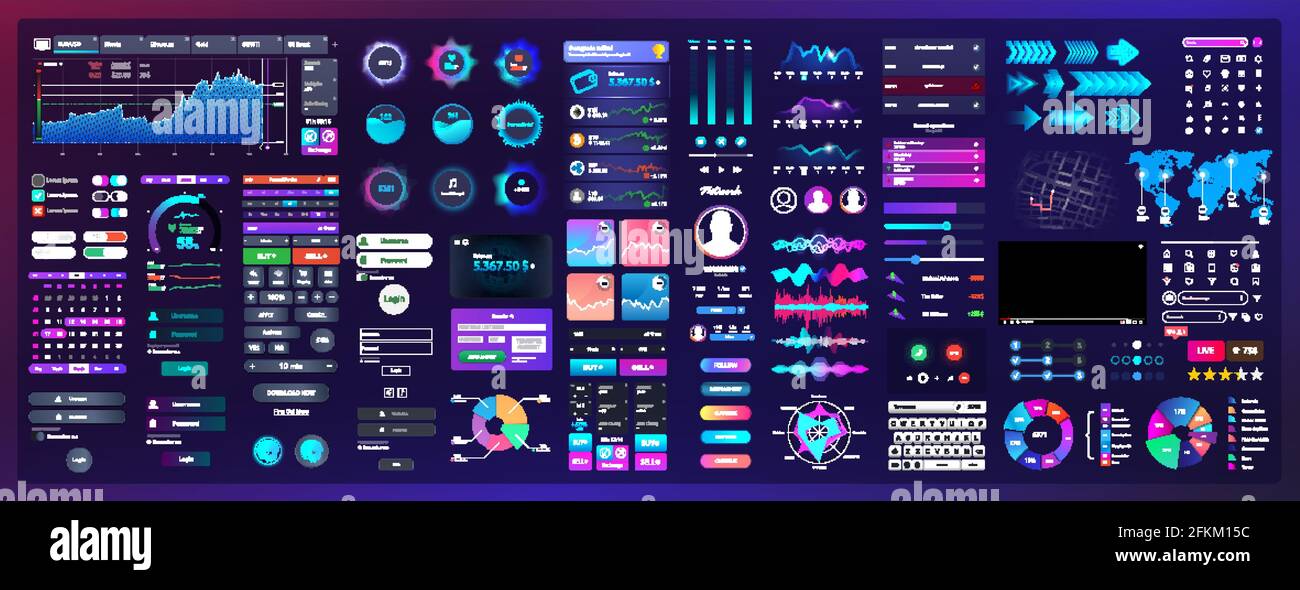 Neon-Elemente für UI, UX, WEBDESIGN. Universelle Schnittstelle mit Neon-Farben und Elementen mit hoher Detailgenauigkeit. UI-/UX-/KIT-Vorlage – Schaltflächen, Schalter Stock Vektor