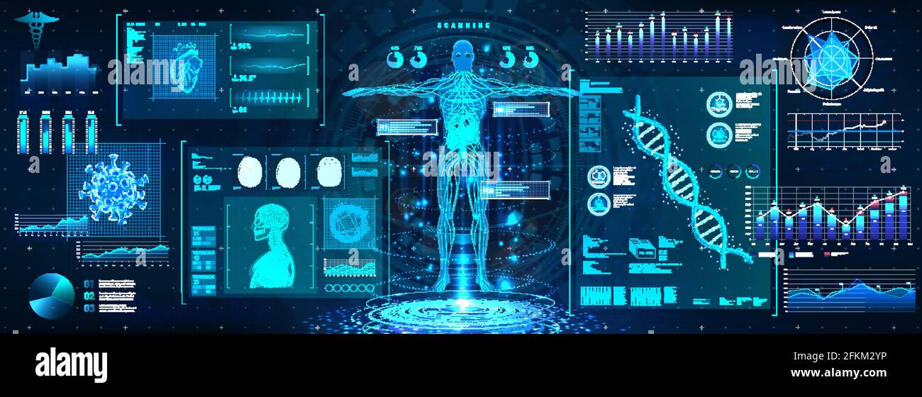 Untersuchung des menschlichen Körpers im HUD-Stil. Moderne Gesundheitsversorgung mit Body Scan (Anatomie, DNA-Formel, EKG-Monitor, Datenorgane, Röntgen, Statistik und Diagramme Stock Vektor